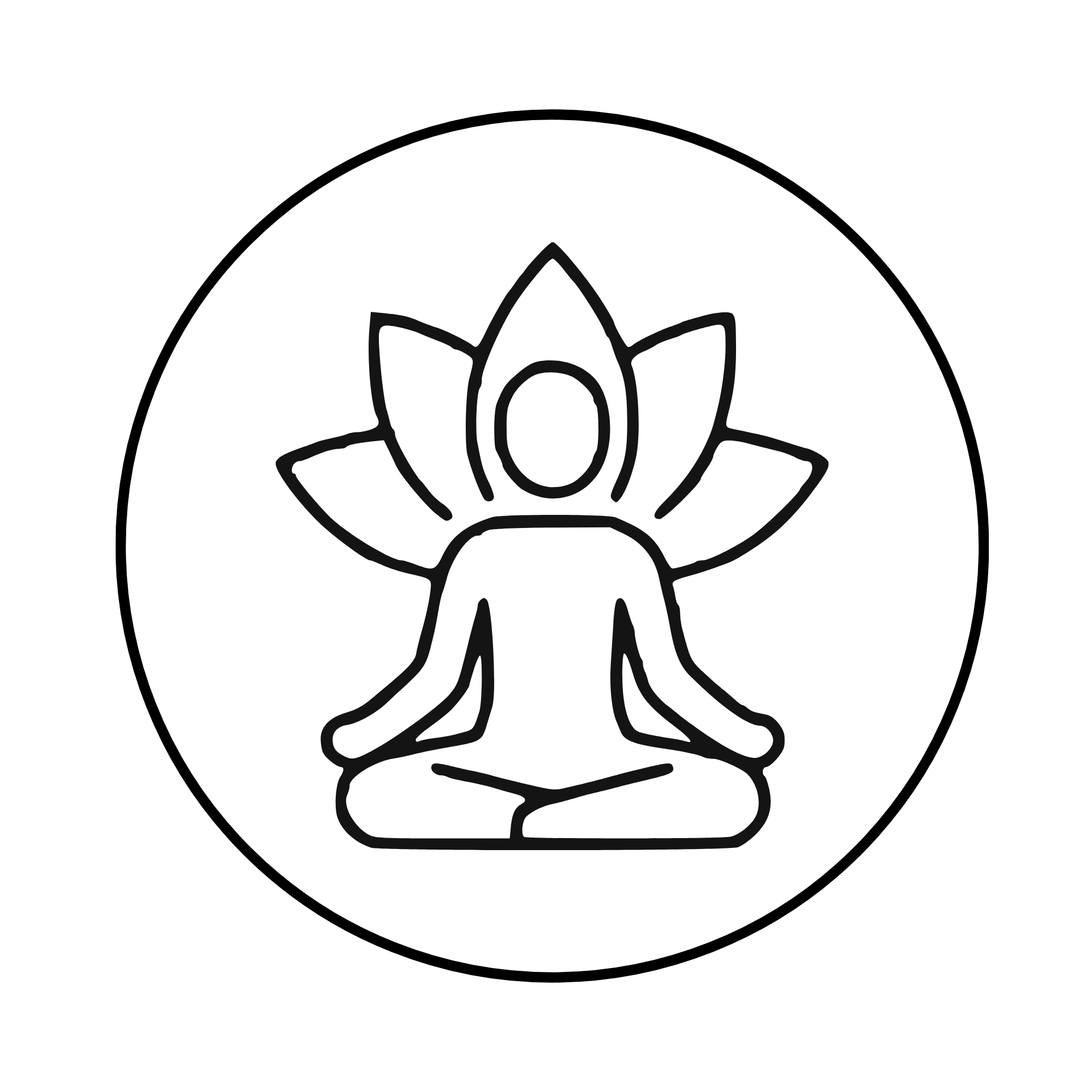 Outline of a hand drawing a lotus flower with a circle in the center on a black background