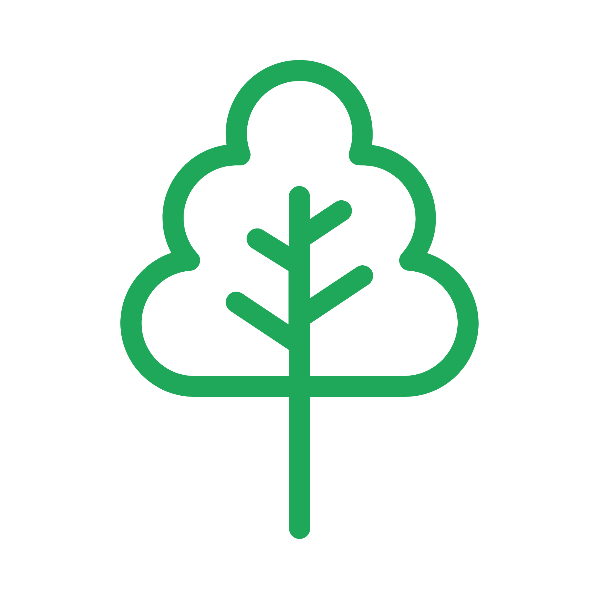 Graphic of a green tree with a leaf in the center, outlined in black.