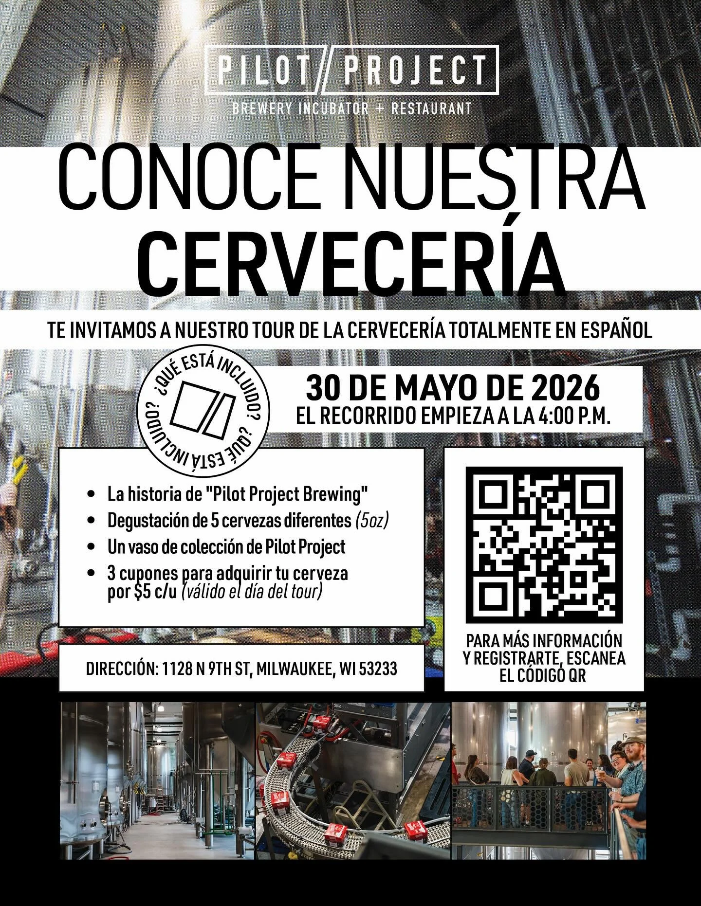 Have you heard about our Spanish Speaking Tours?! 🍻

Join us Saturday, May 30th at 4 PM for our second-ever brewery tour TOTALMENTE en espa&ntilde;ol at Pilot Project MKE.

El tour incluye / The tour includes:
🍺 La historia de Pilot Project Brewing