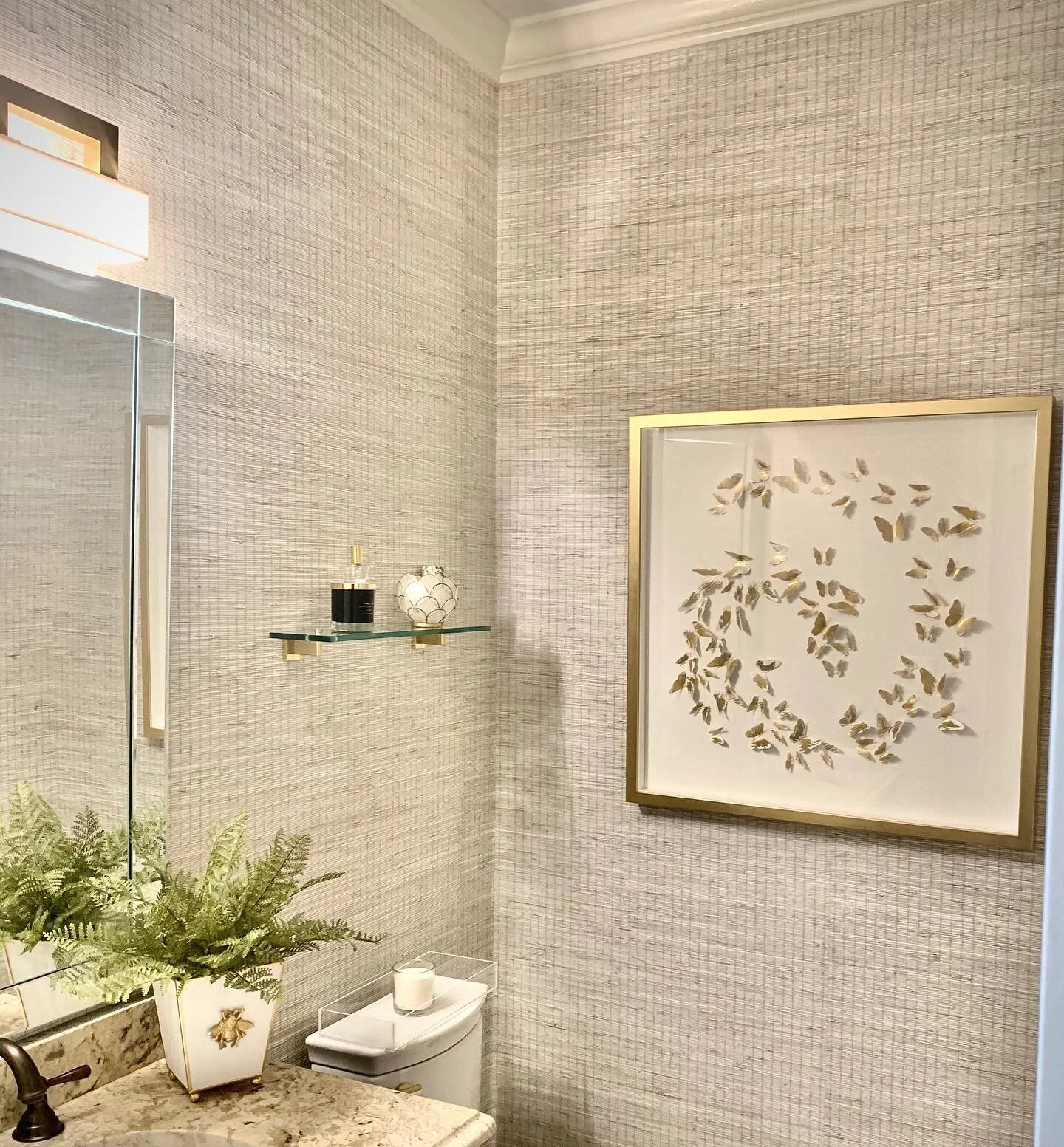 Beautiful install of @thibaut_1886 grasscloth wall covering for a client&rsquo;s powder room. Thanks for the butterflies @nestinteriorsraleigh 🦋 @cb2 @ahokeltd @hudsonvalleylighting
