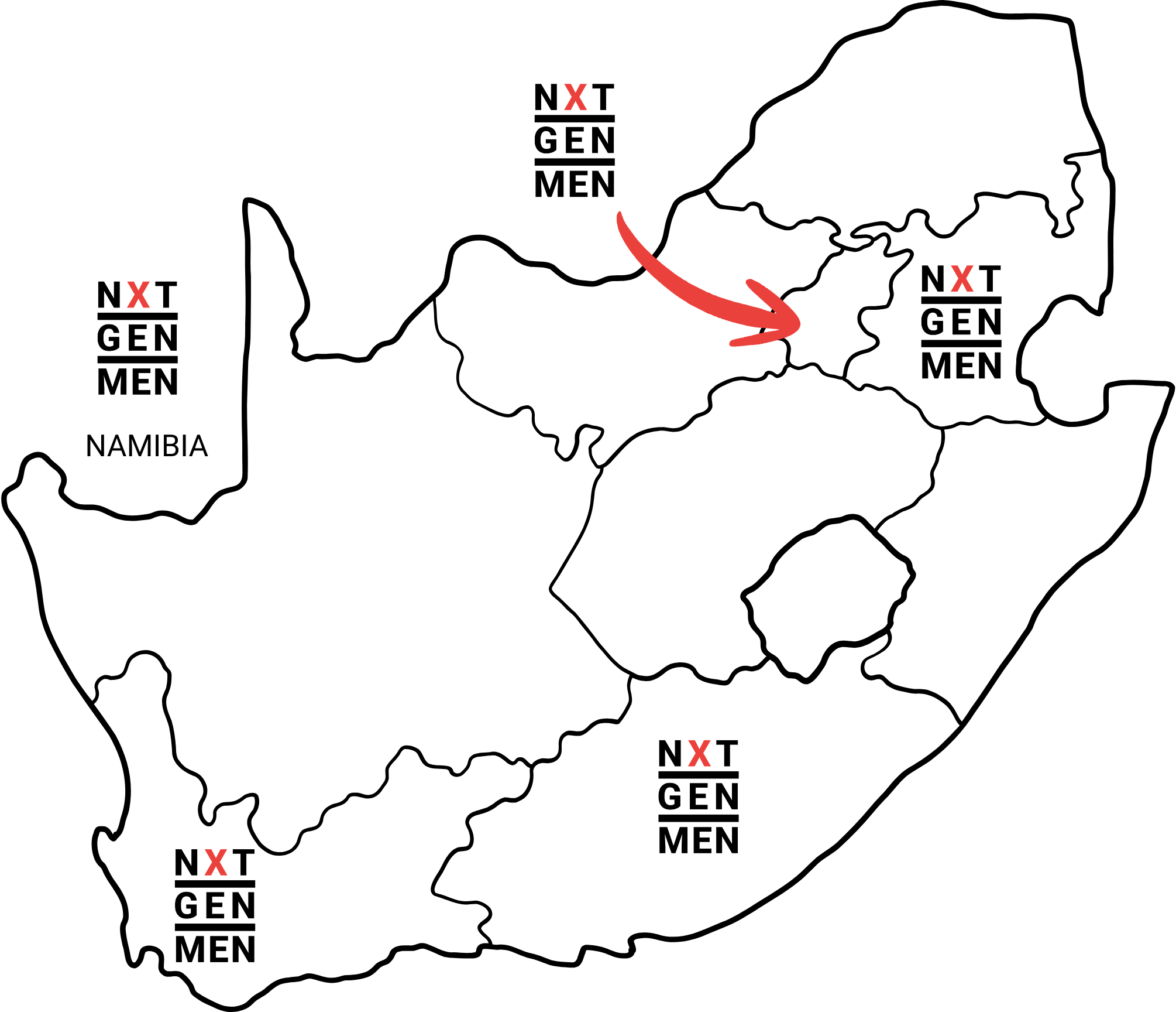 Outline map of South Africa and Namibia titled "NxtGenMen: Delivery Areas." Logos mark delivery hubs in the Western Cape, Eastern Cape, Gauteng, Mpumalanga, and Namibia.