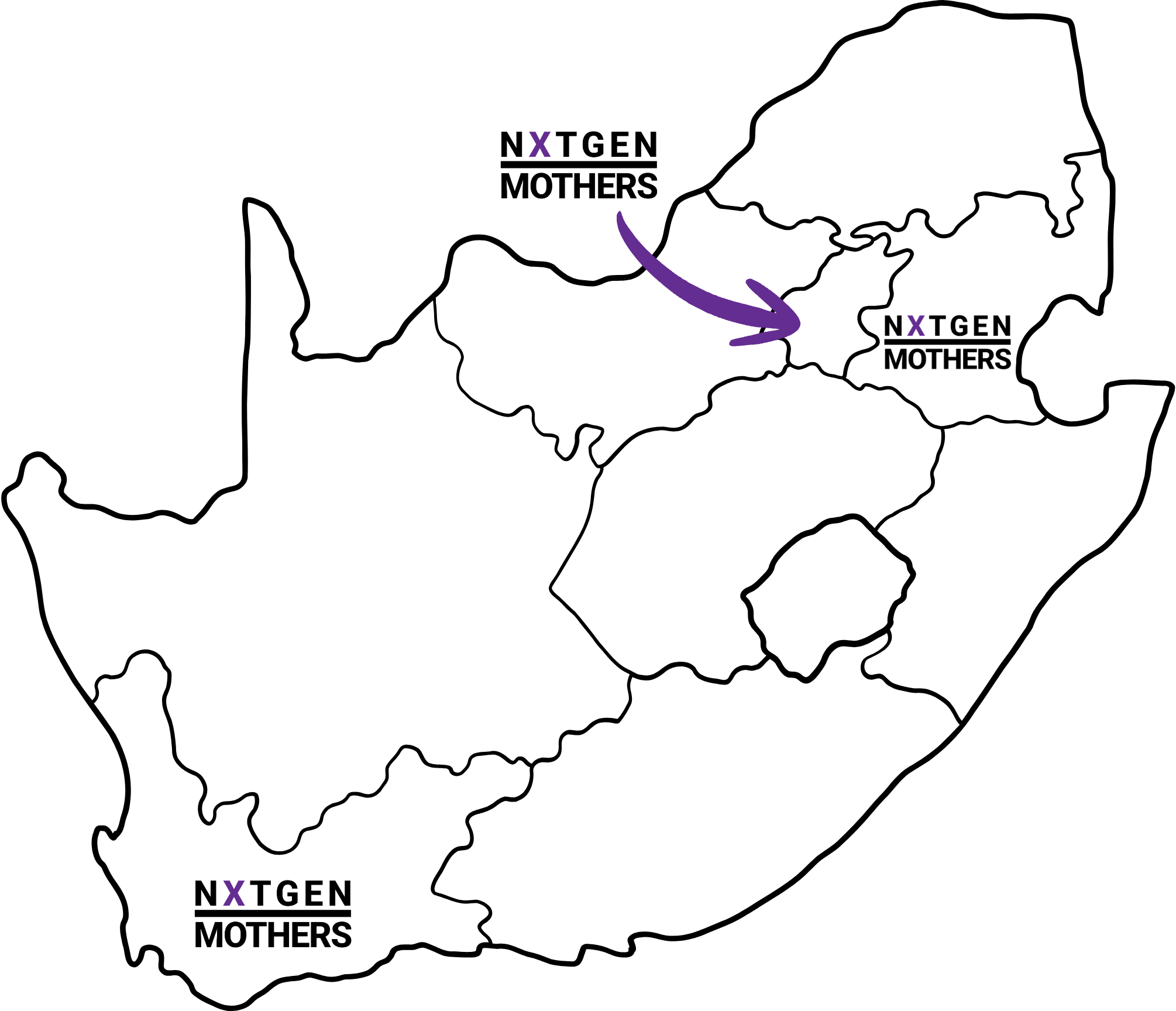 Outline map of South Africa titled "NxtGenMothers: Delivery Areas." NxtGenMothers logos indicate delivery hubs in the Western Cape, Gauteng, and Mpumalanga.