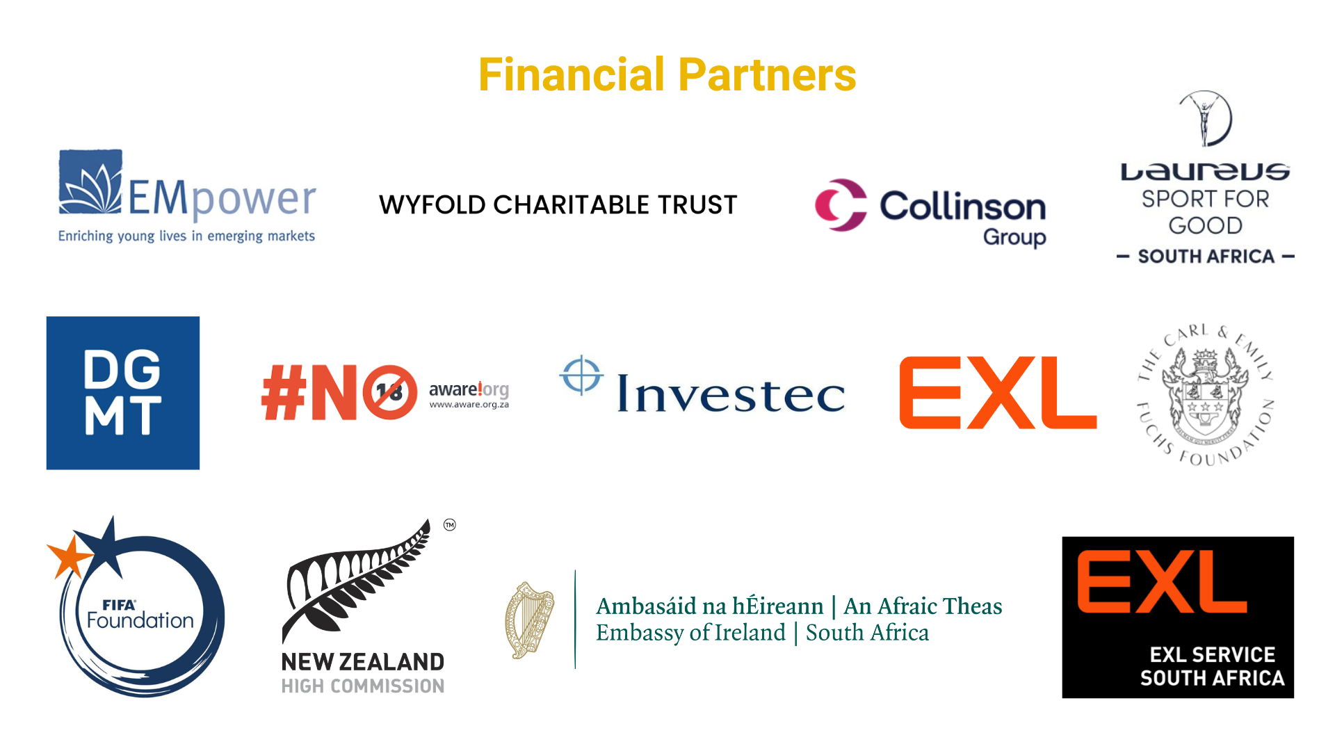 Financial Partners: EMpower, Wyfold Charitable Trust, Collinson Group, Laureus Sport for Good, DGMT, Aware.org, Investec, EXL, The Carl & Emily Fuchs Foundation, FIFA Foundation, New Zealand High Commission, Embassy of Ireland, and EXL Service SA.