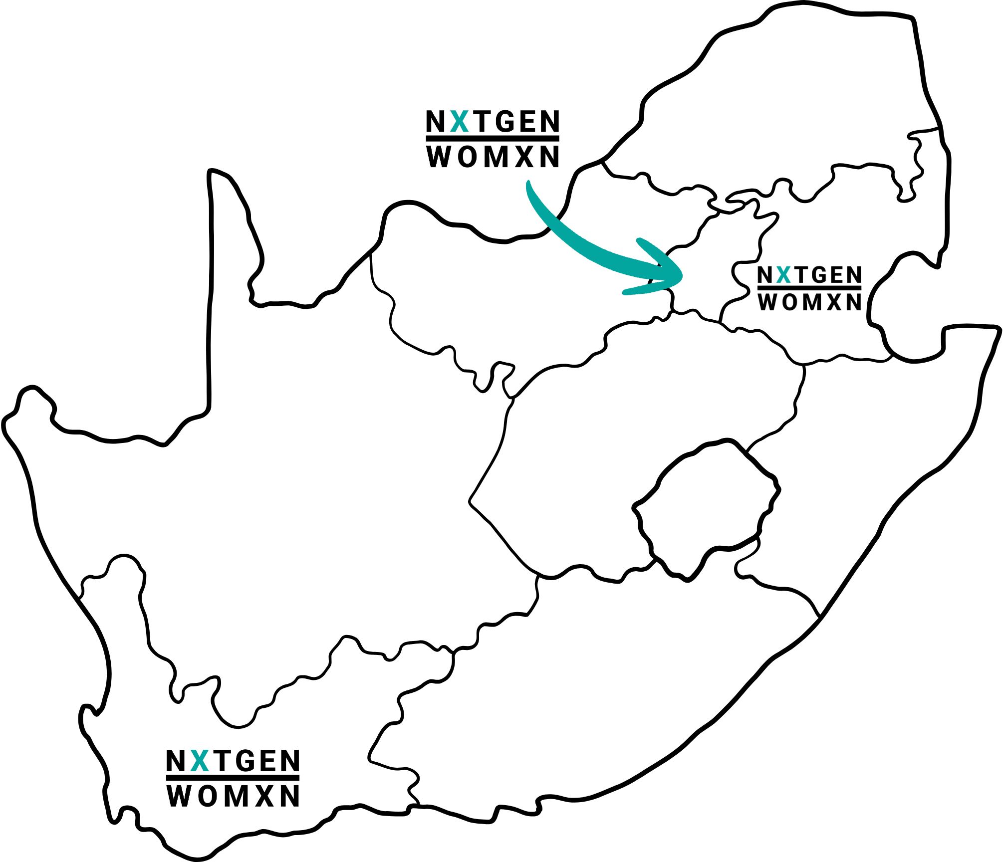 Outline map of South Africa titled "NxtGenWomxn: Delivery Areas." Logos mark delivery hubs in the Western Cape, Gauteng, and Mpumalanga.