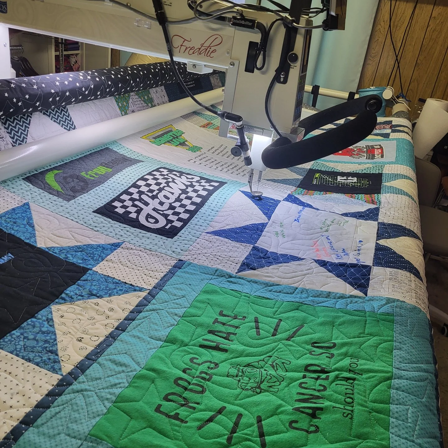 Bethany dropped off the most amazing t-shirt quilt I've ever seen!

She used some Sawtooth Star blocks to frame some of the t-shirt designs and I love it!!

It&rsquo;s always so fun to see all the different shirts that make up a t-shirt quilt &mdash;