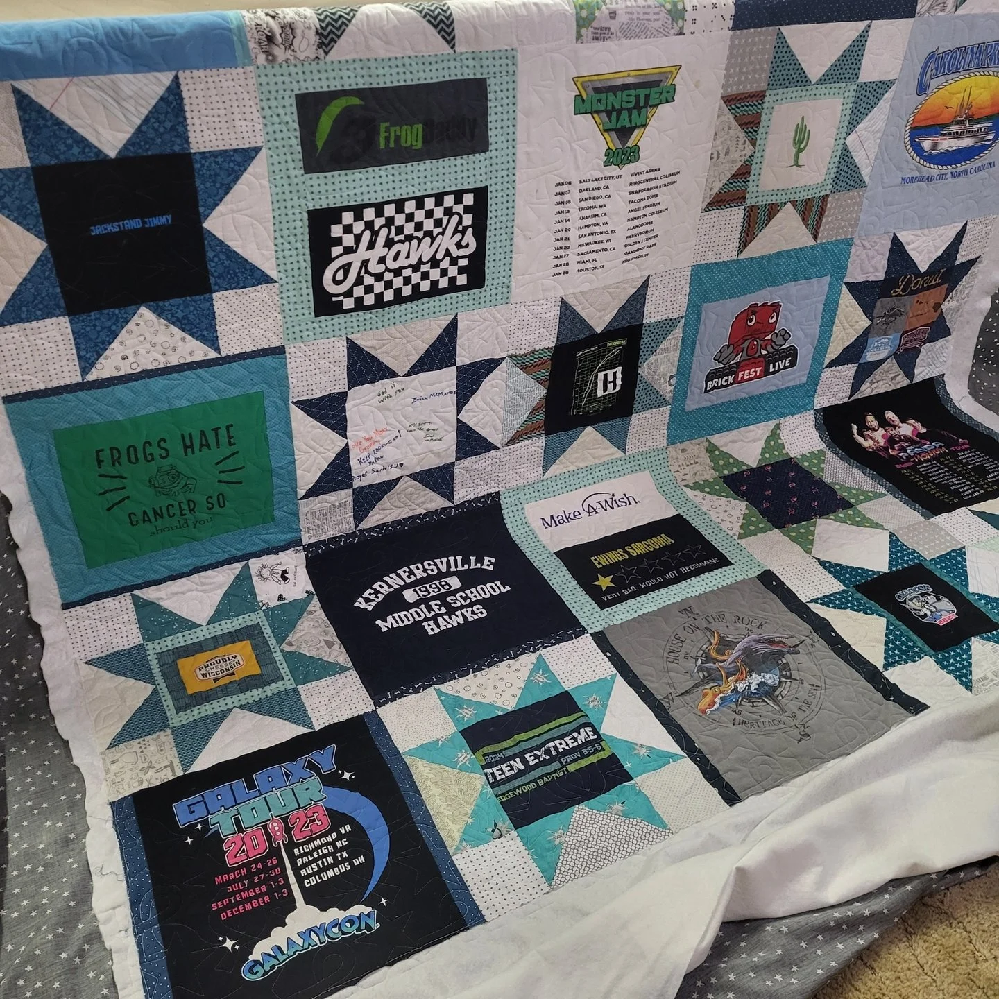 Have you ever seen a t-shirt quilt like this?! I hadn&rsquo;t &mdash; and I LOVE it!! It&rsquo;s so creative and full of personality!

Bethany used Sawtooth Star blocks along with some extra fabrics to make this quilt feel dynamic and totally one-of-