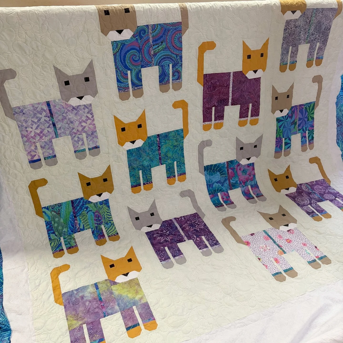 Emmaline is a new client who dropped off this quilt that was a secret birthday gift. I love getting to be a small part of such thoughtful gifts!

This one is @elizabethagh Cats in Pajamas pattern and it's so much fun!!

Emmaline picked Plumage for th