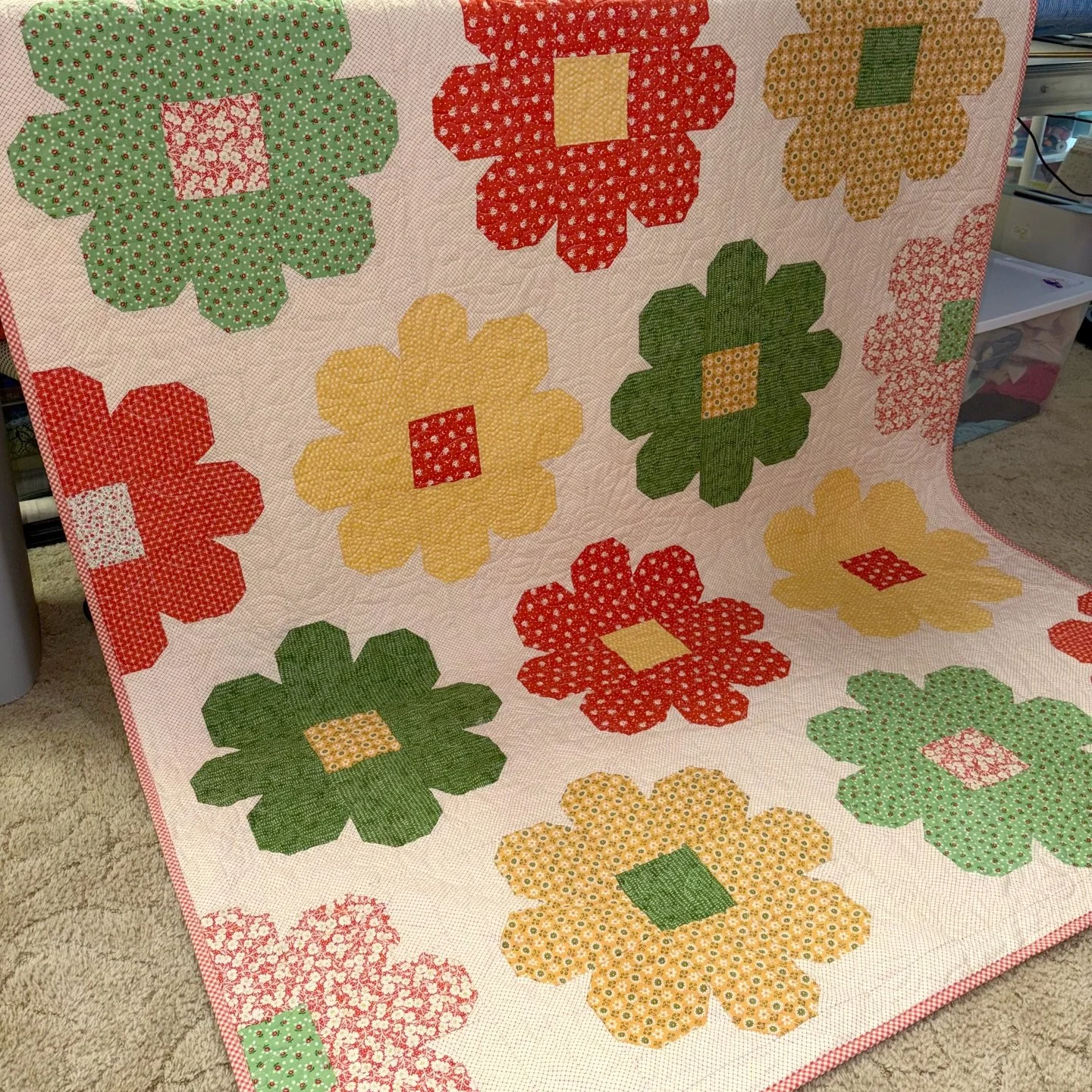 Dusty is a new local client and new Guild member - Hi Dusty!

She dropped off this quilt for me to quilt for her and inside the bag was her binding. I reached out to see if she wanted me to attach the binding for her and she said: yes! It was so fun 