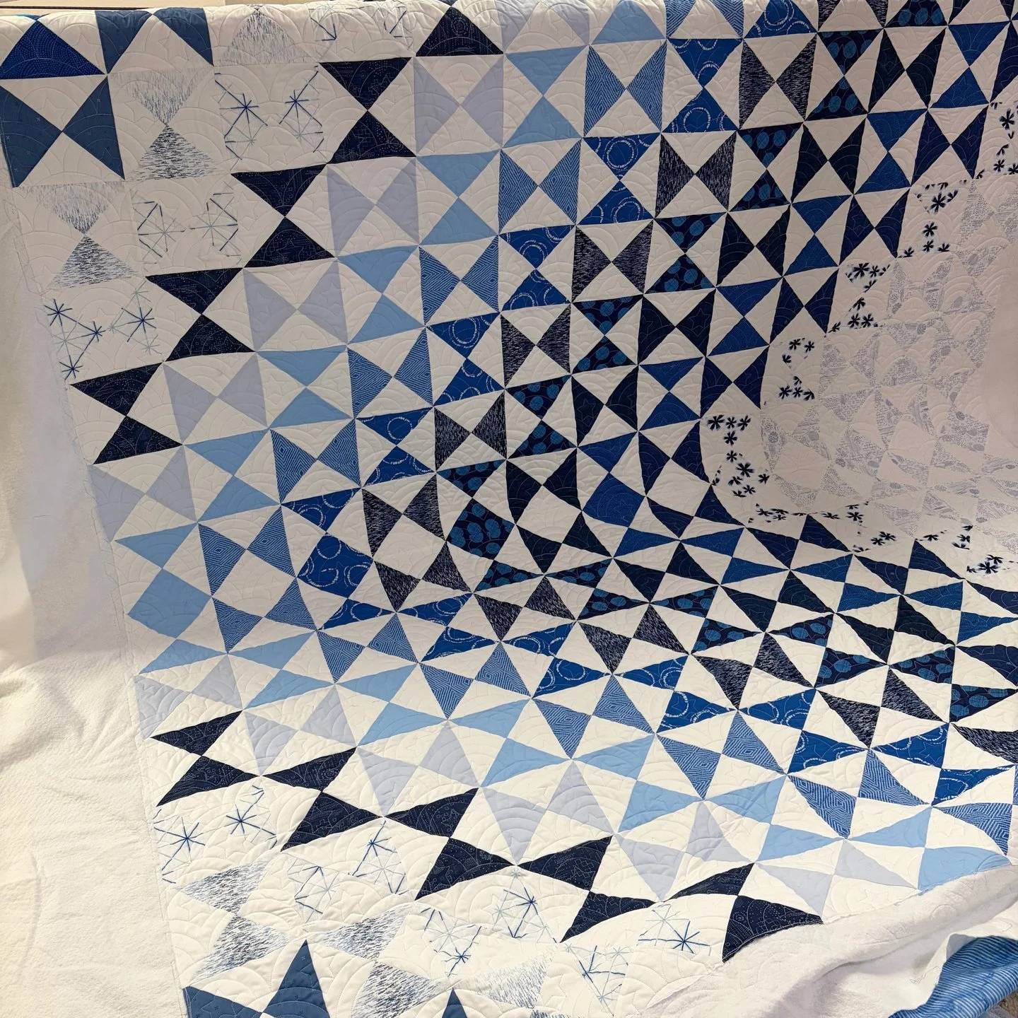 It's Freddie Friday!! 🎉 🎉 

The cascading gradient of Vicki's quilt is stunning!! It's something that you may not see looking at just a small section of the quilt, but step back and the effect is glorious!

We used Rolling Hills Sparkle for the qui