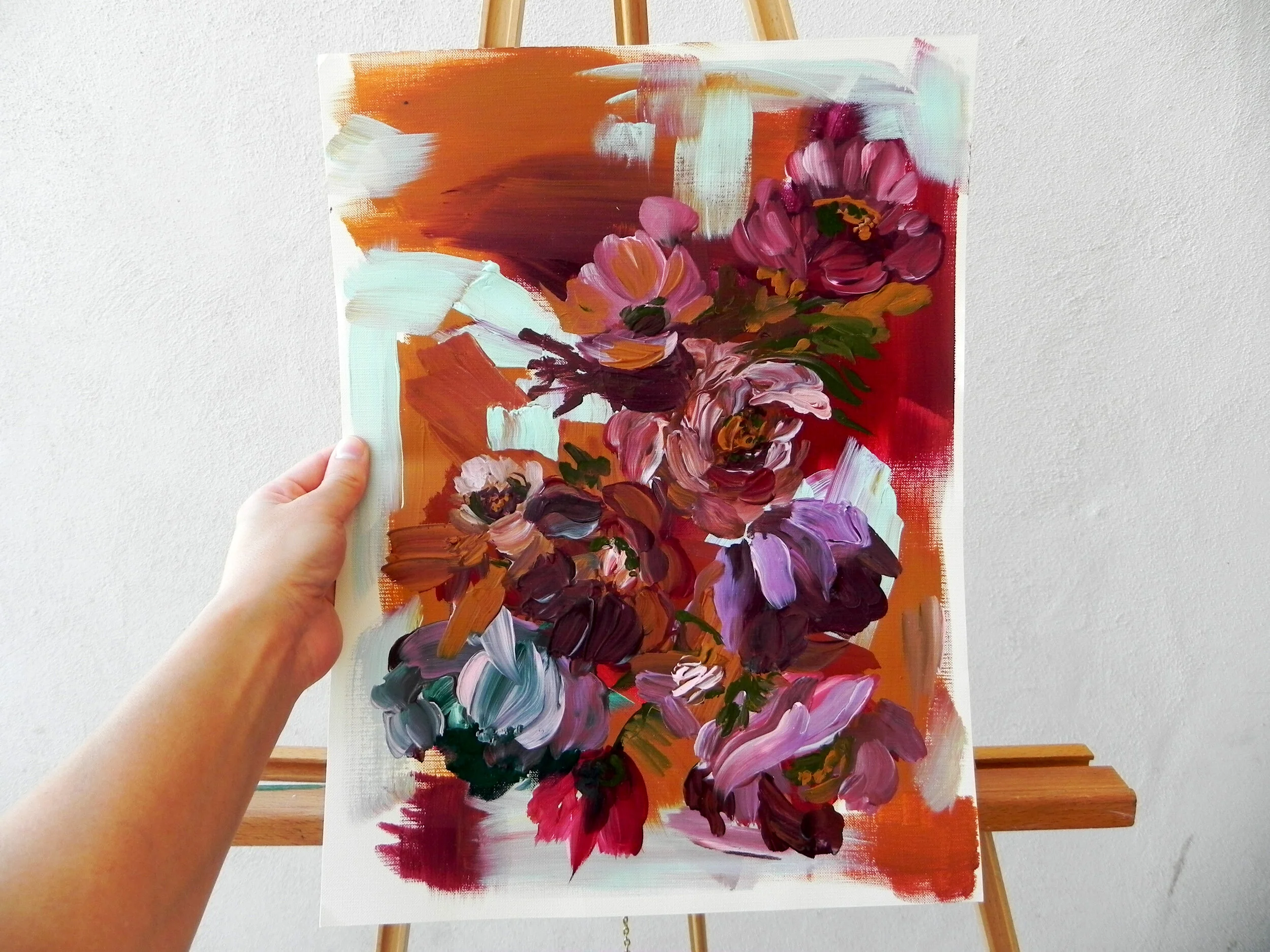 “Moody Floral 1” Acrylic on Canvas Sheet 12x16” $300