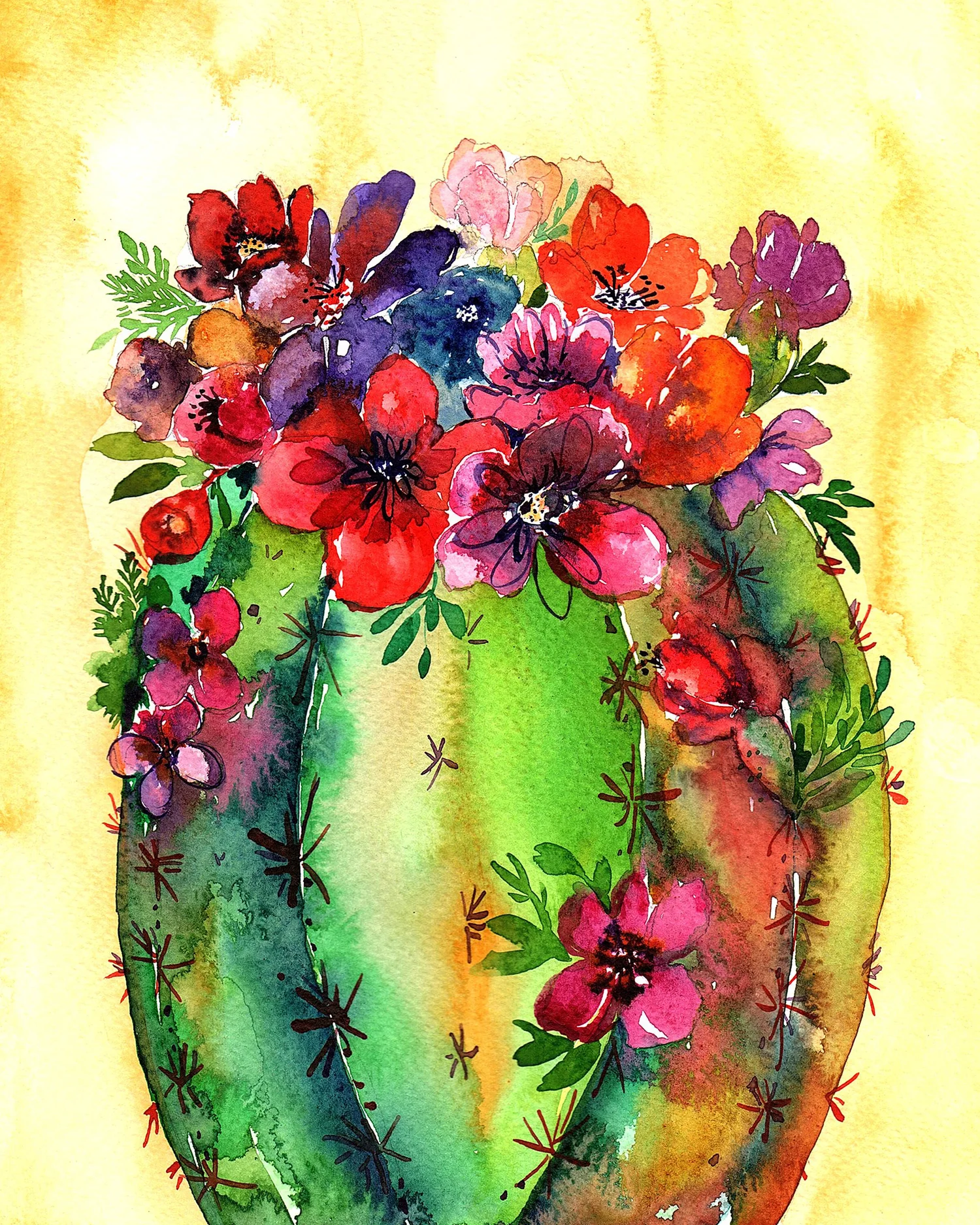 Honey Barrel Cactus with Pink Purple Flowers Vertical Watercolor Art Print   Pink Puddle Studio