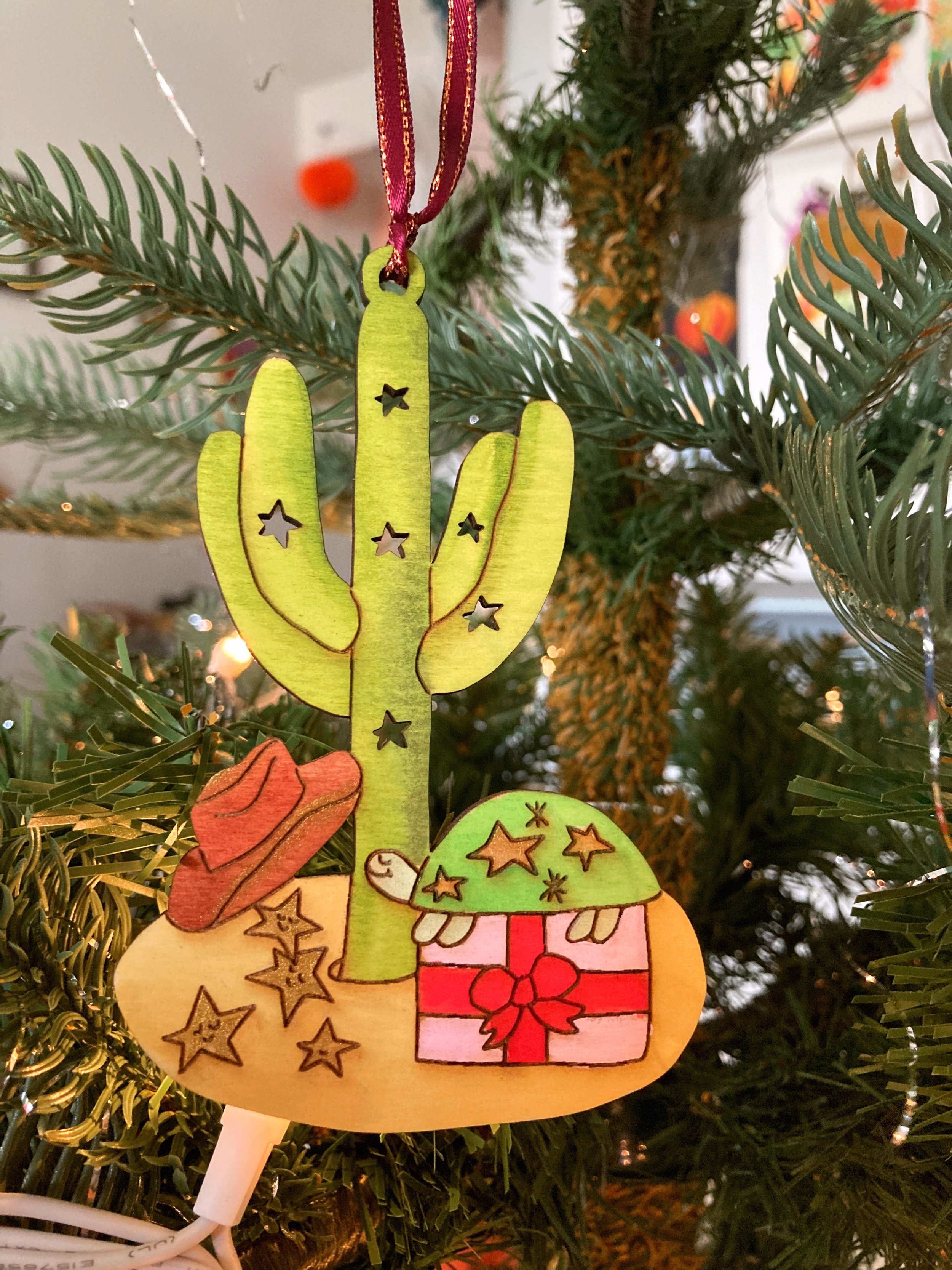 Cactus Cowboy Hat Turtle Holiday Hand Painted Ornament