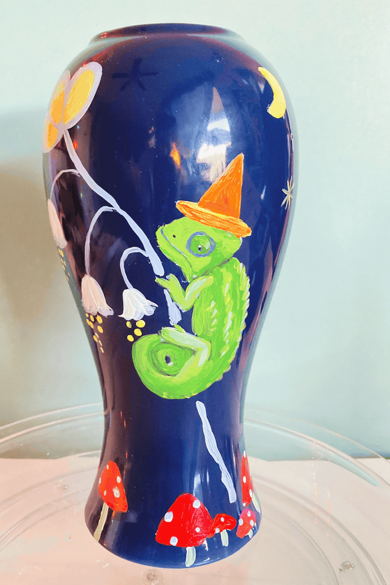 Chameleon Night Sky Mystic Mushroom Flower Hand Painted Vase