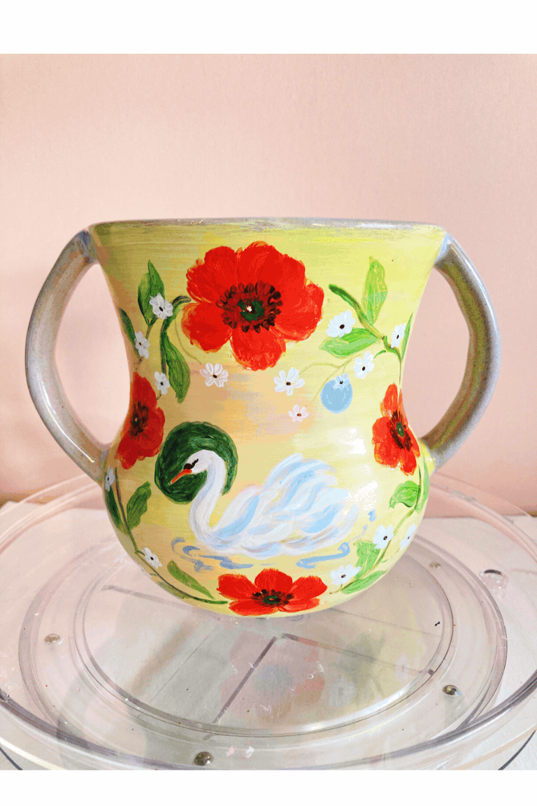 Butter Yellow Swan and Poppies Vintage Vase