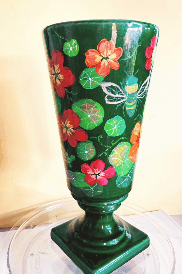 Nasturtium Turtle Frog and Bee Dark Green Vintage Vase