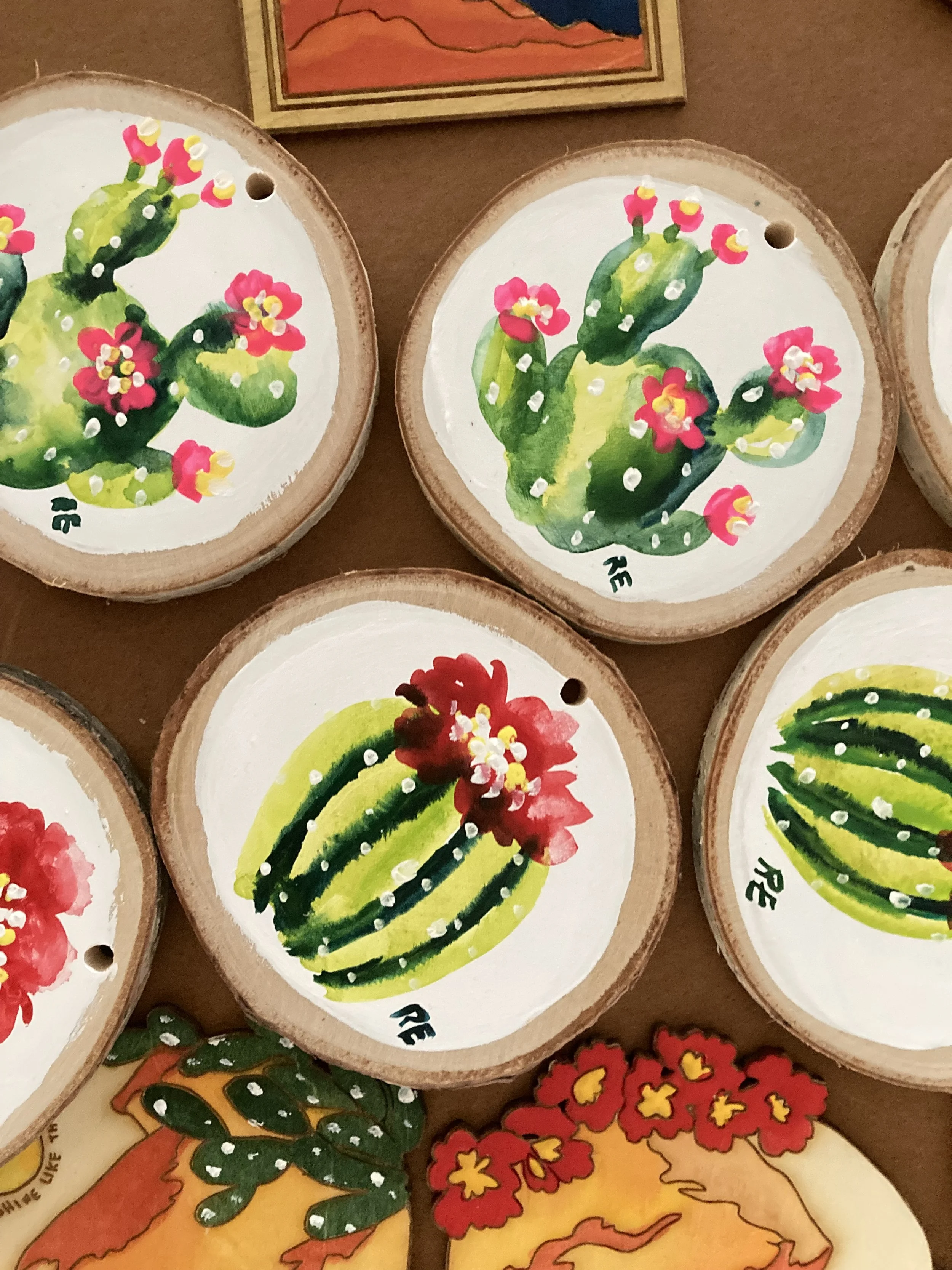 Barrel Cactus Red Flower on Birch Wood Slice Hand painted Ornament