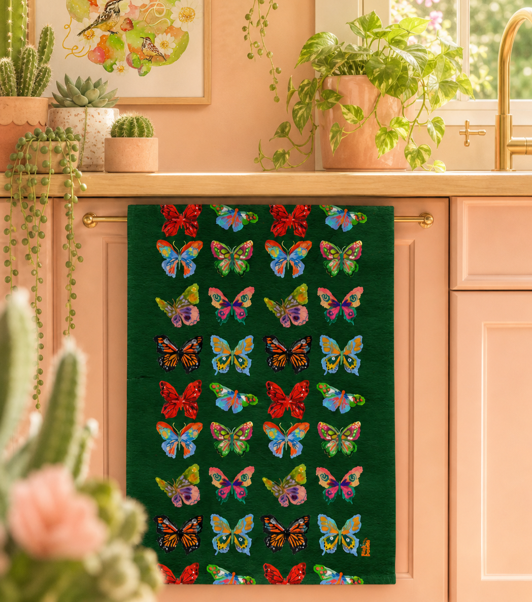 Butterflies Green Kitchen Tea Towel
