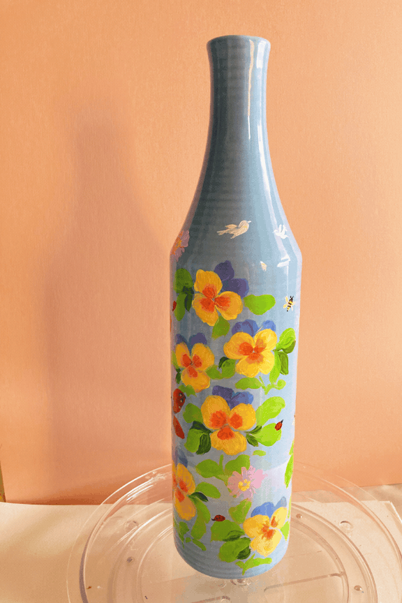 Pansy Flowers Lady Bug and Bees Blue Tall Hand Painted Vase