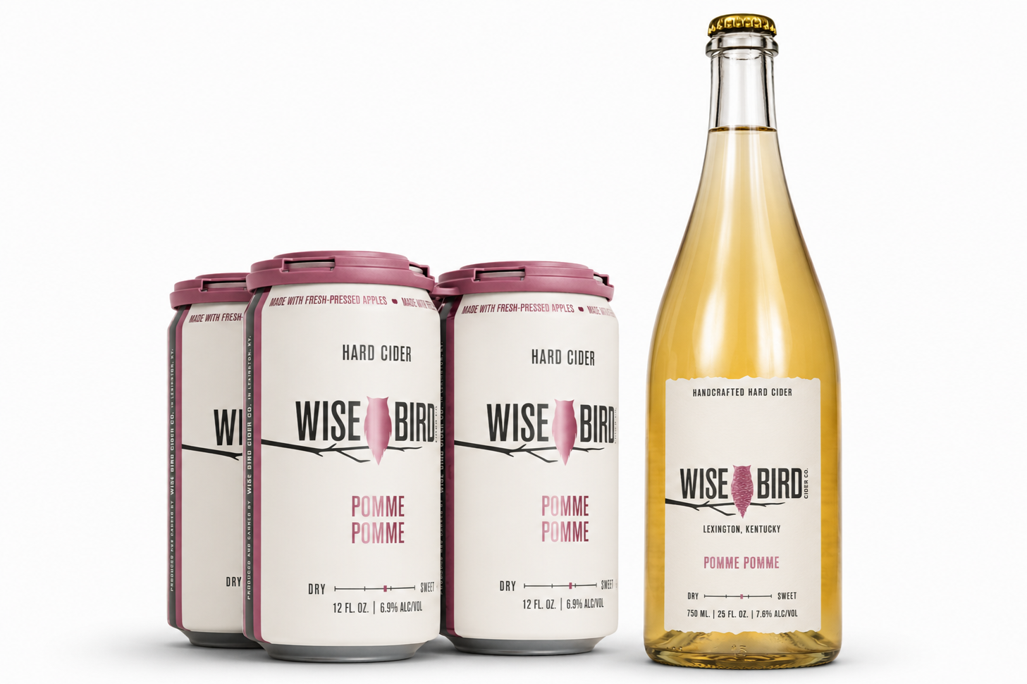 Wise Bird Cider's Pomme Pomme cider in 4-pack cans and 750ml bottlepng