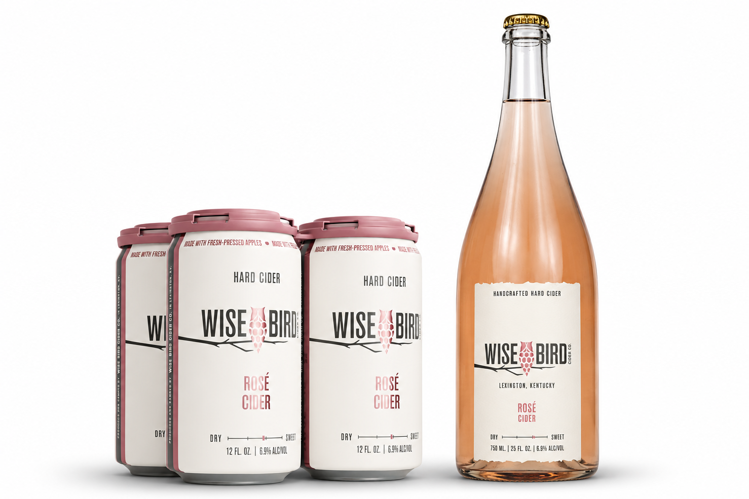 Wise Bird Cider's Rosé Cider in 4-pack cans and 750ml bottle