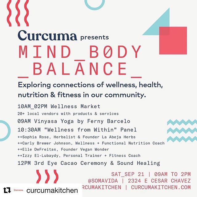TODAY! Come on out to the MIND BODY BALANCE market hosted by @curcumakitchen ・・・
You&rsquo;re invited to MIND_BODY_BALANCE hosted by @curcumakitchen @somavida on Saturday, Sep 21! This FREE wellness event explores connections between holistic health,