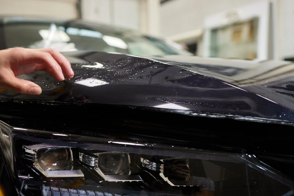 Hand inspecting freshly applied paint protection film (PPF) on a car hood, showcasing the film's glossy surface and water beading effect, emphasizing vehicle protection against damage.