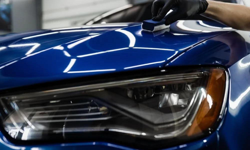 Person applying protective coating to shiny blue car hood, emphasizing vehicle maintenance and protection from environmental damage like tree sap.