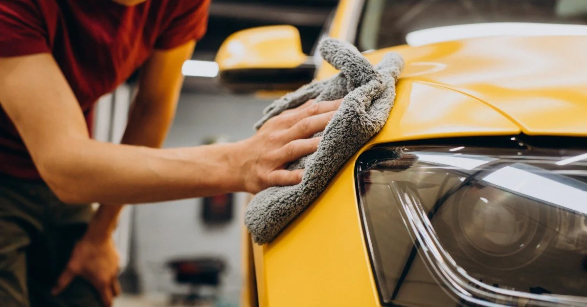 Person applying car detailing sealant with a microfiber cloth on a yellow vehicle, emphasizing vehicle maintenance and protection against UV rays and dirt.