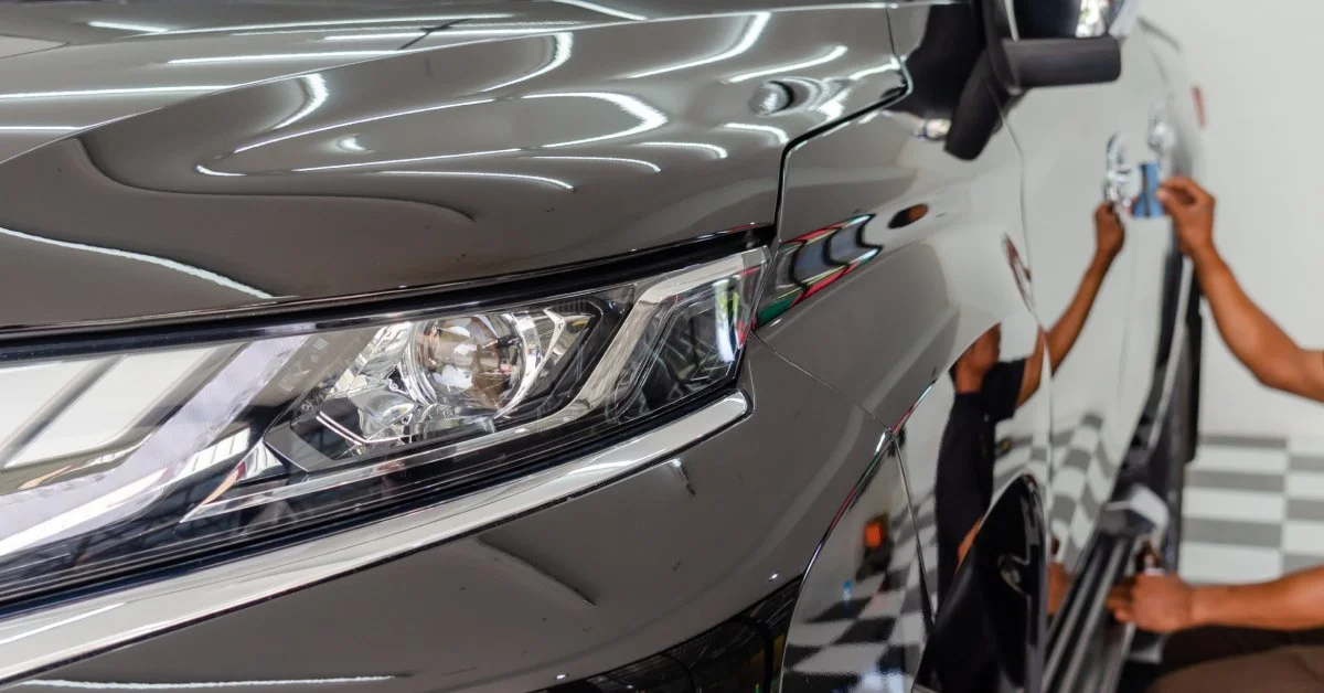 Close-up of a black car's front end, highlighting the sleek headlight and reflective surface, with a person applying a ceramic coating, emphasizing automotive detailing and protection.