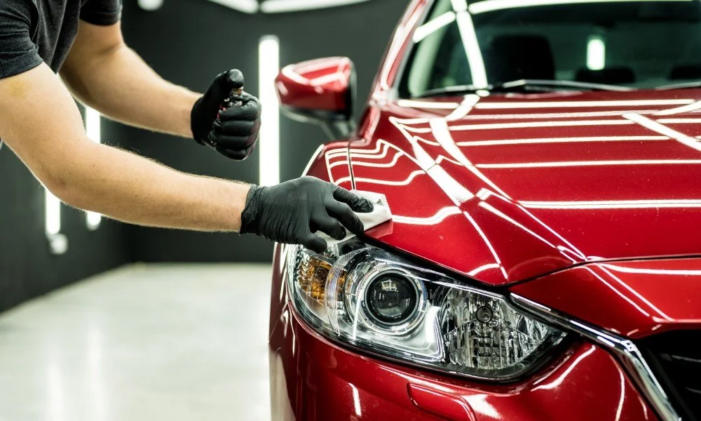 Person applying ceramic coating to a red car's hood, showcasing car detailing techniques in a professional setting.