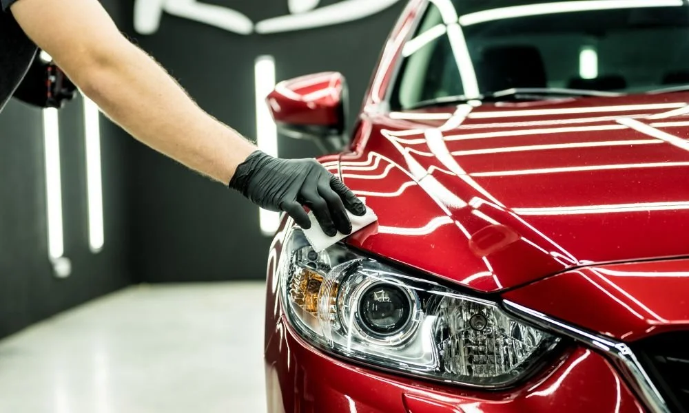 Person applying detailing product on red car's hood, emphasizing proper maintenance for car paint longevity.