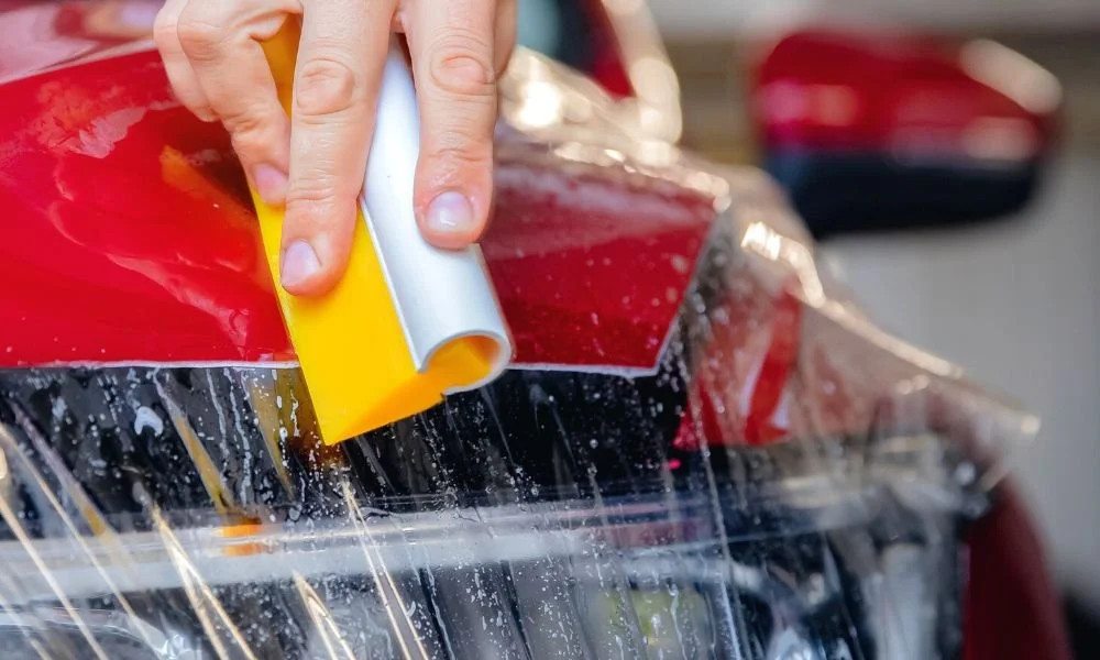 Person applying a protective auto clear bra to a red car's hood using a squeegee, with water and bubbles visible, illustrating vehicle protection techniques.