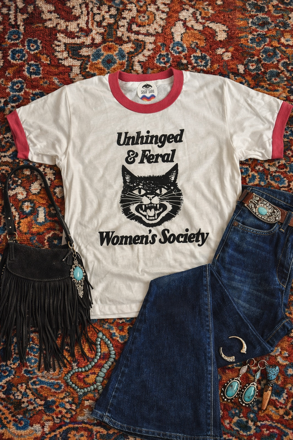 Unhinged and Feral Women's Society Retro Ringer Tee (full length)