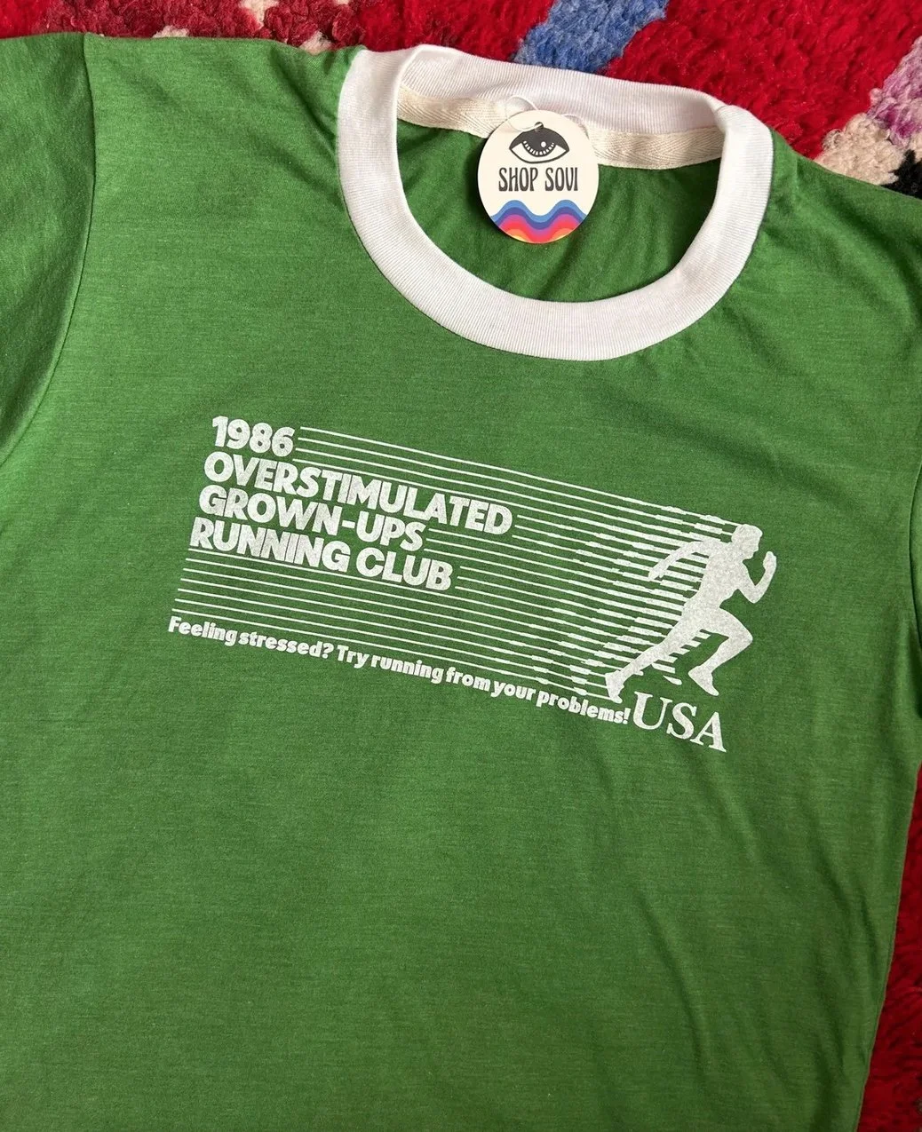 1986 Overstimulated Grown-Ups Running Club Retro Green Ringer