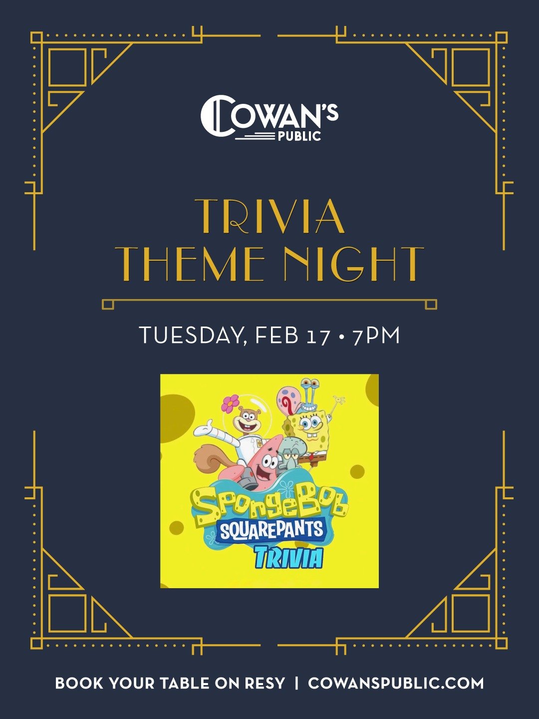 Are ya ready, kids?! 🧽🍍

SpongeBob Trivia Night
📍 Cowan&rsquo;s Public &ndash; Nutley, NJ
📅 Tomorrow Night (2/17)
🍻 Drinks, laughs, and serious SpongeBob knowledge. See you there!