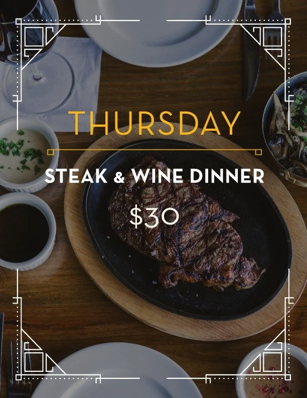 Steak night is here at Cowan&rsquo;s Public.
Get a perfectly grilled steak paired with a glass of wine for $30.

Dining with friends?
Add family-style sides for the table for an additional charge and make it a full feast.