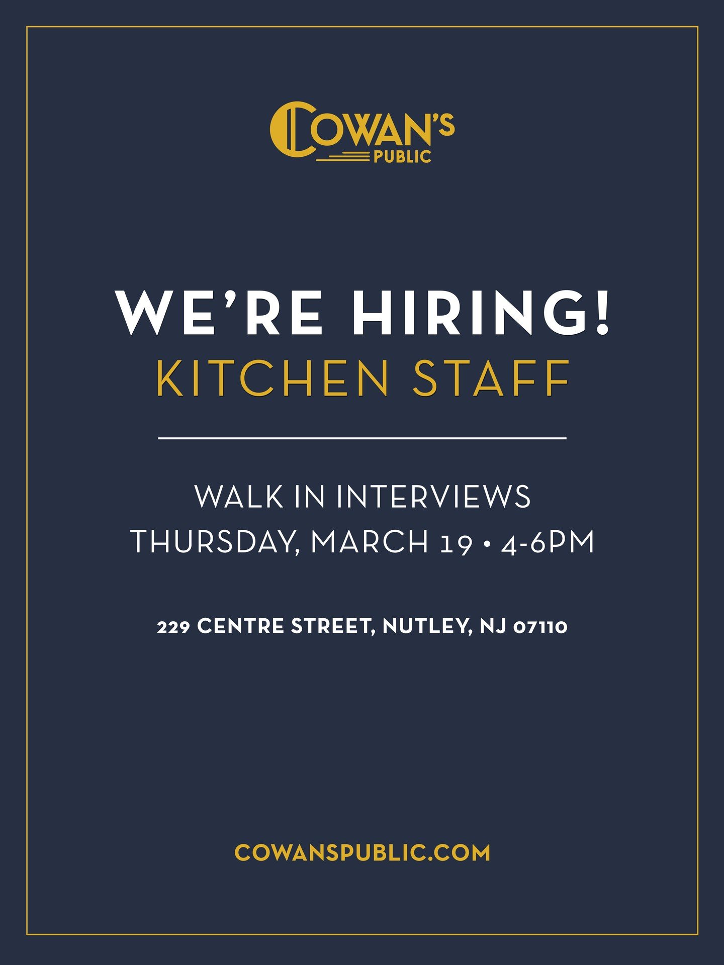 Cowan's is hiring! 

We're looking for candidates to join our kitchen staff. Please stop by this Thursday, March 19 between 4-6PM if you would like to join our team.
