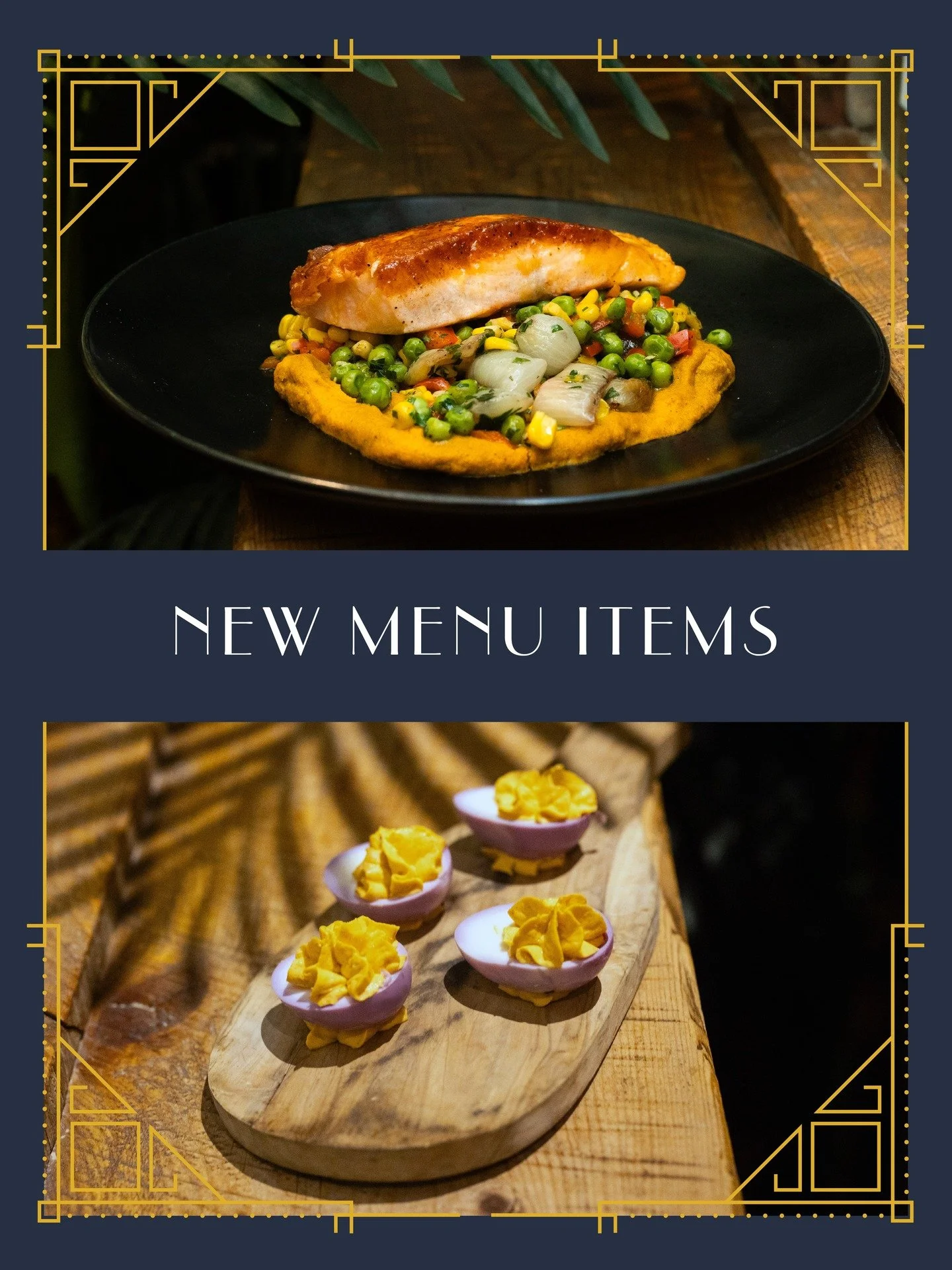 New menu items just dropped for our spring menu.

Seared Salmon with carrot pur&eacute;e, spring succotash, and a miso vinaigrette.

Spring Eggs &mdash; our seasonal spin on deviled eggs with chives, Old Bay, and a dijon filling.

Fresh flavors, brig