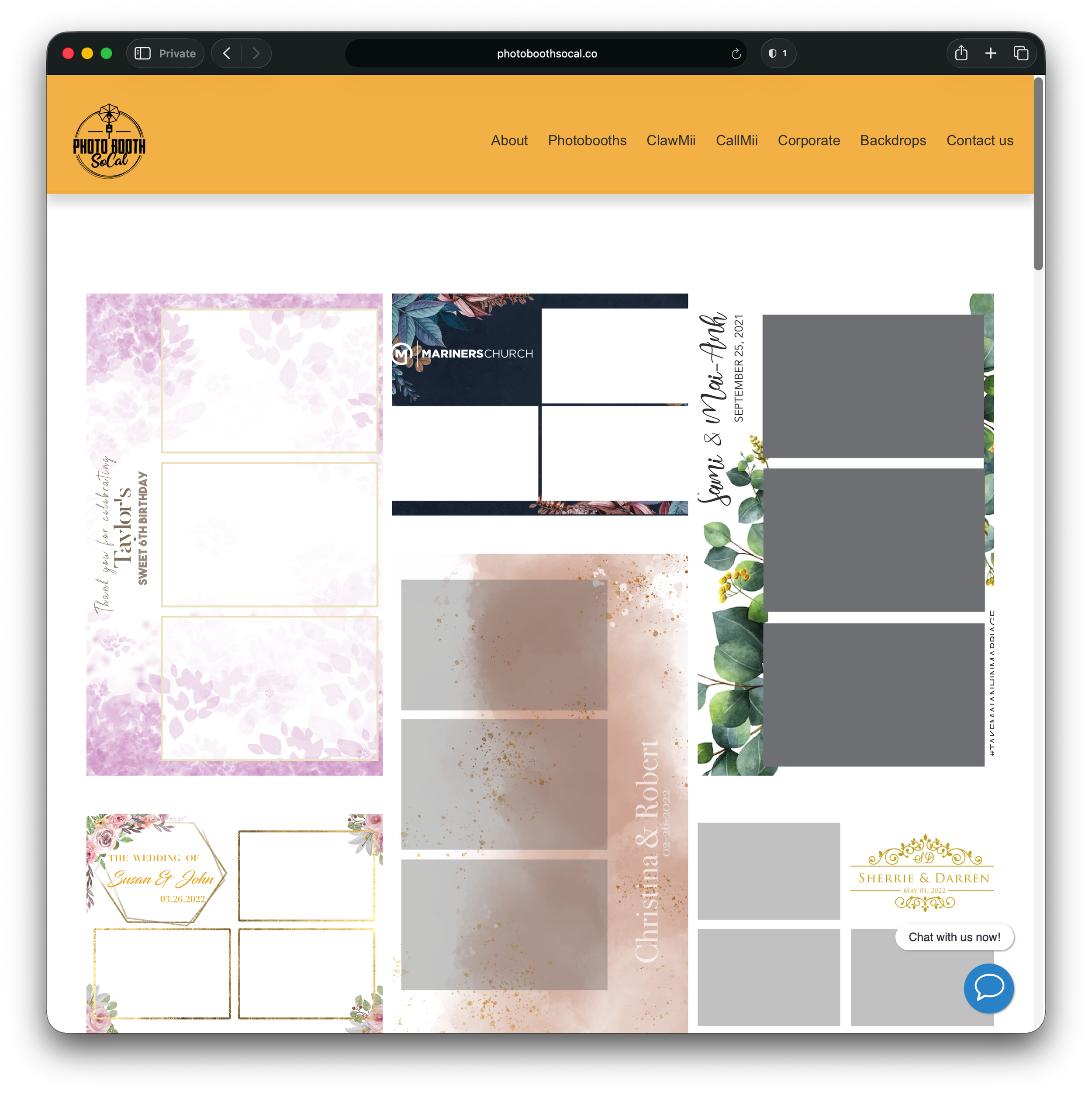 Website screenshot of a photo booth rental company's webpage with a yellow top navigation bar and various sample photo templates, some with floral borders and text celebrating weddings and birthdays.