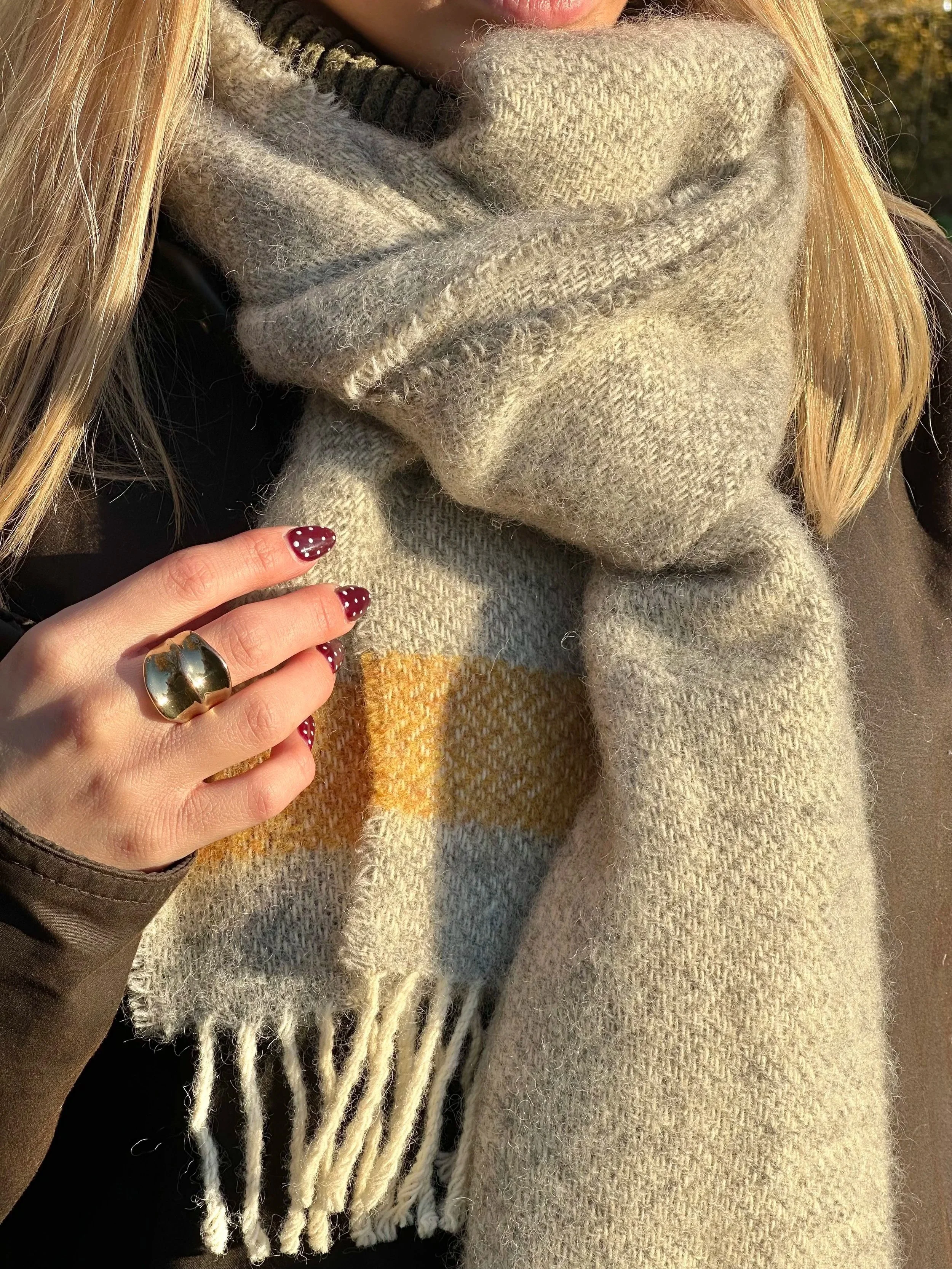 Woollen Grey Herringbone Scarf with Mustard stripe
