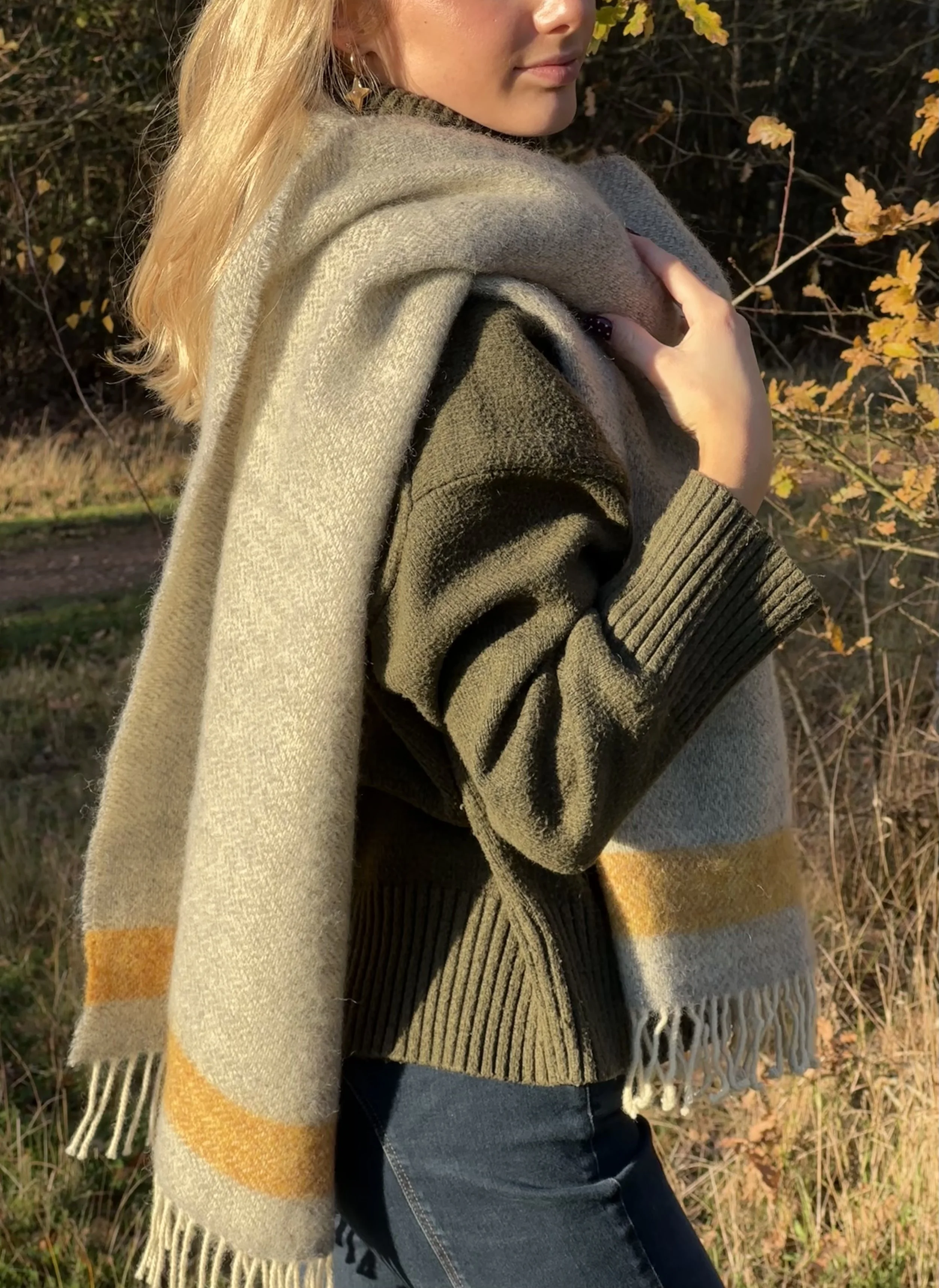 Oversized Woollen Herringbone Scarf Mustard