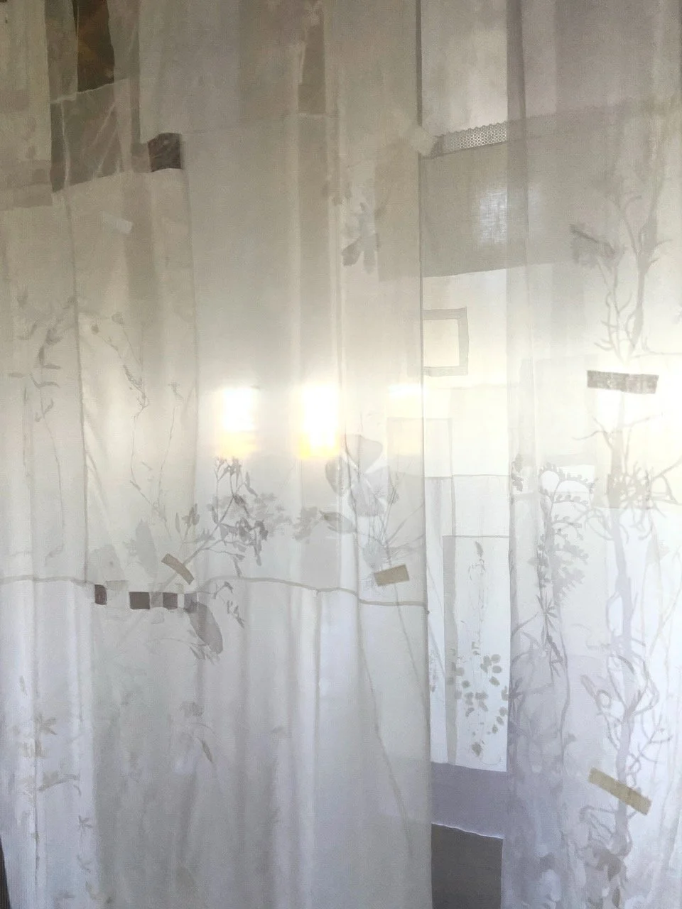 Eidolon (Installation View)  2025  204" x 48" (aprox. size of ea. Banner)   Mixed media on Fabric