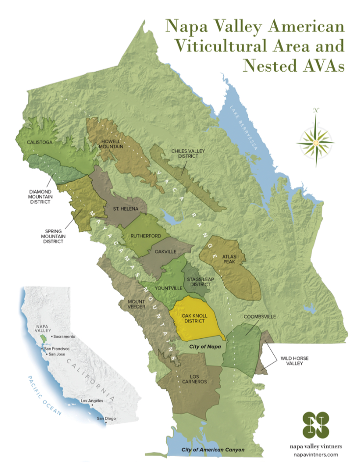 Map of Napa Valley American Viticultural Areas showing Rutherford and neighboring wine regions