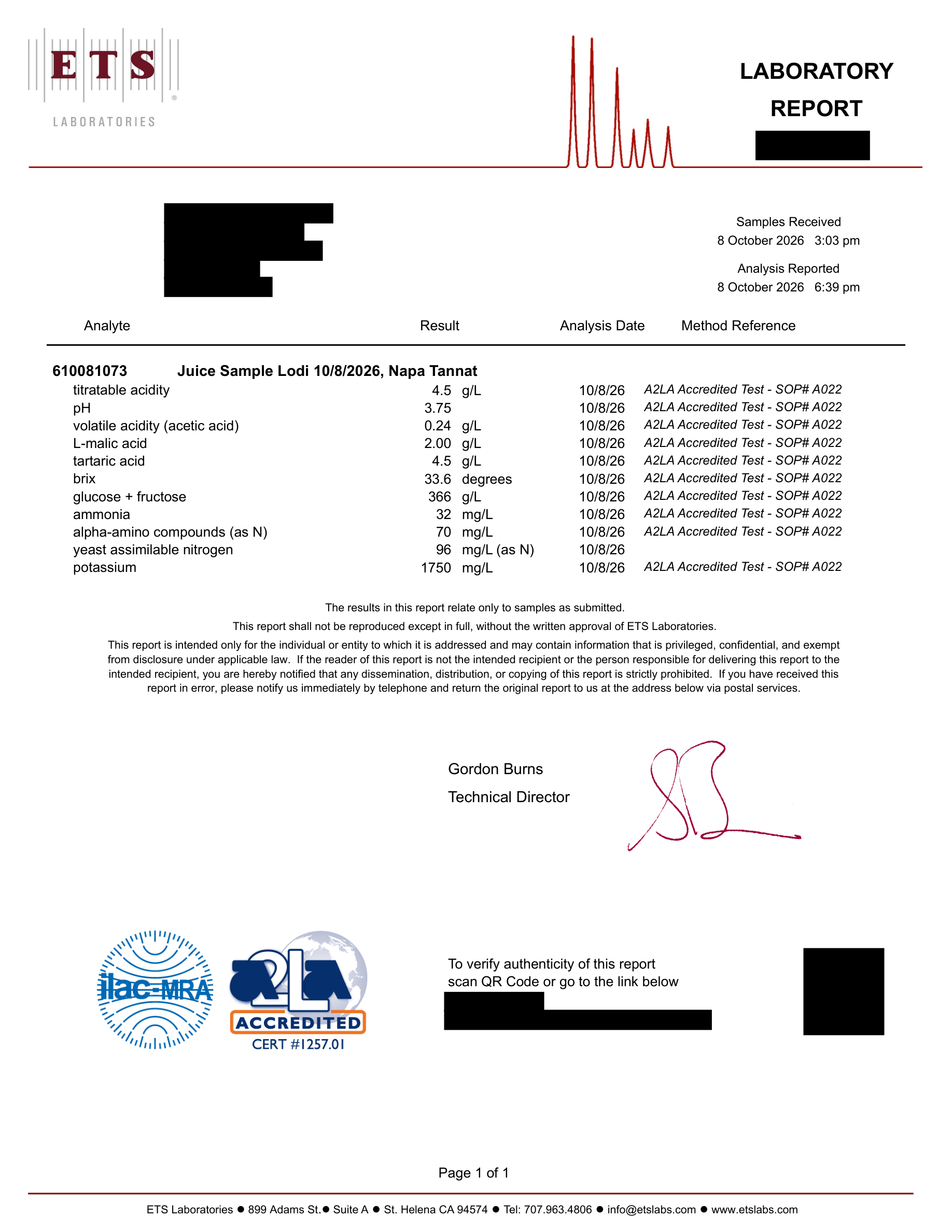 Complete redacted ETS Laboratories report for 2026 Napa Tannat, including eleven measured analytes
