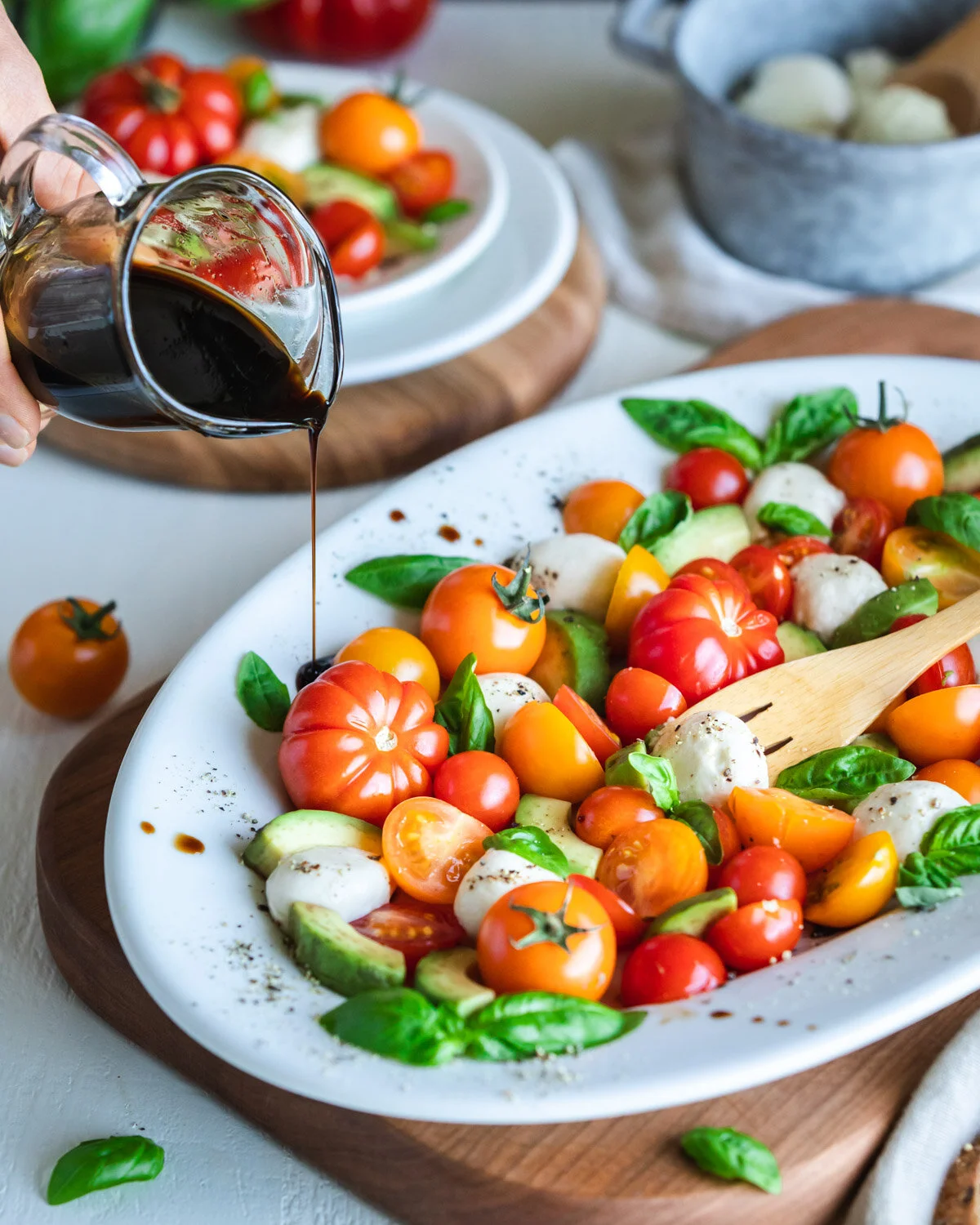 Homemade Vegan Mozzarella Cheese Balls in Caprese Salad