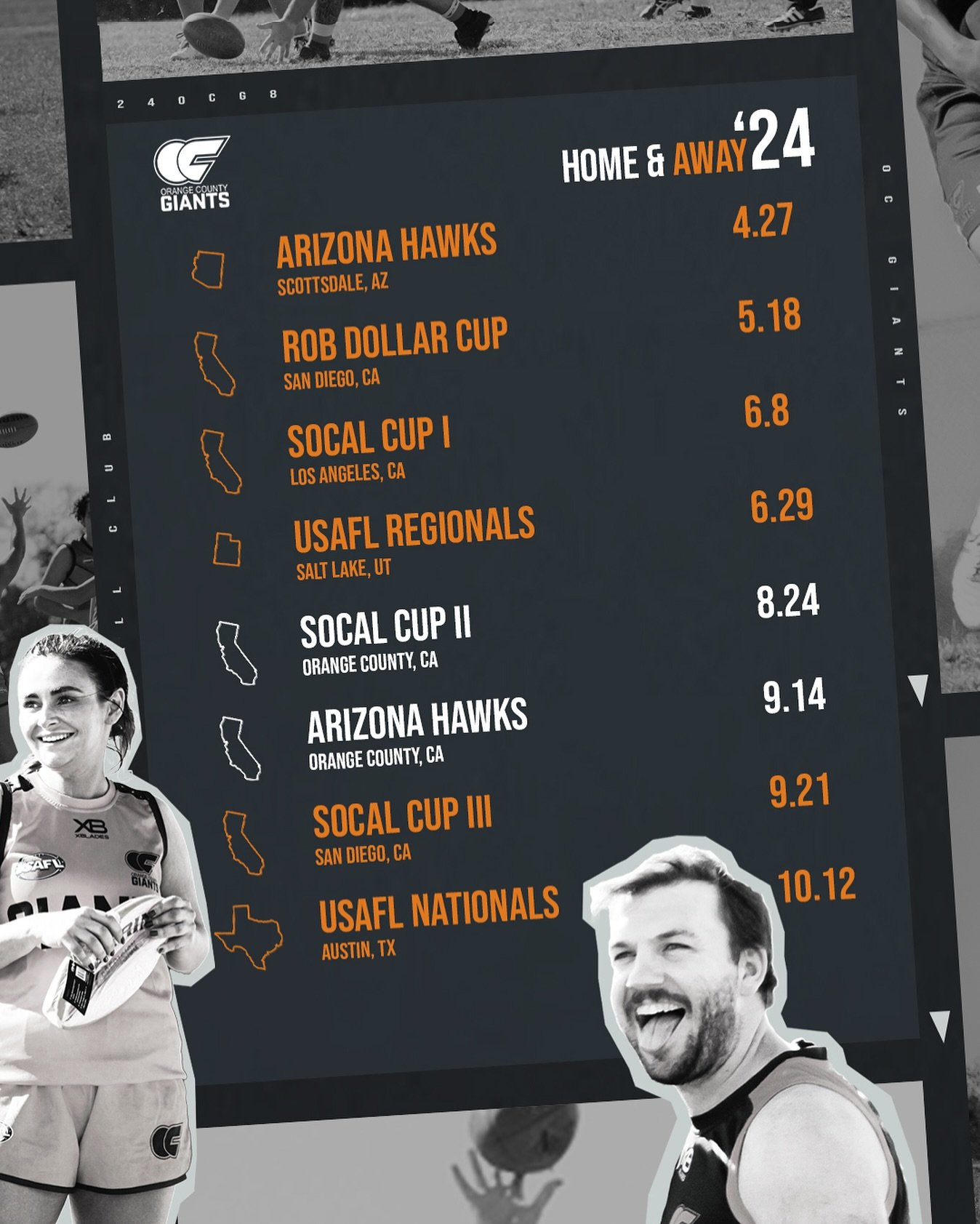 UPDATE:  New home game on the books with the Hawks coming to town! 🚌 🏉
&zwnj;
Lock in the dates and get ready for a Giant year of footy!!
&zwnj;
#ocgiants #2024season @uswafa @usafl1997