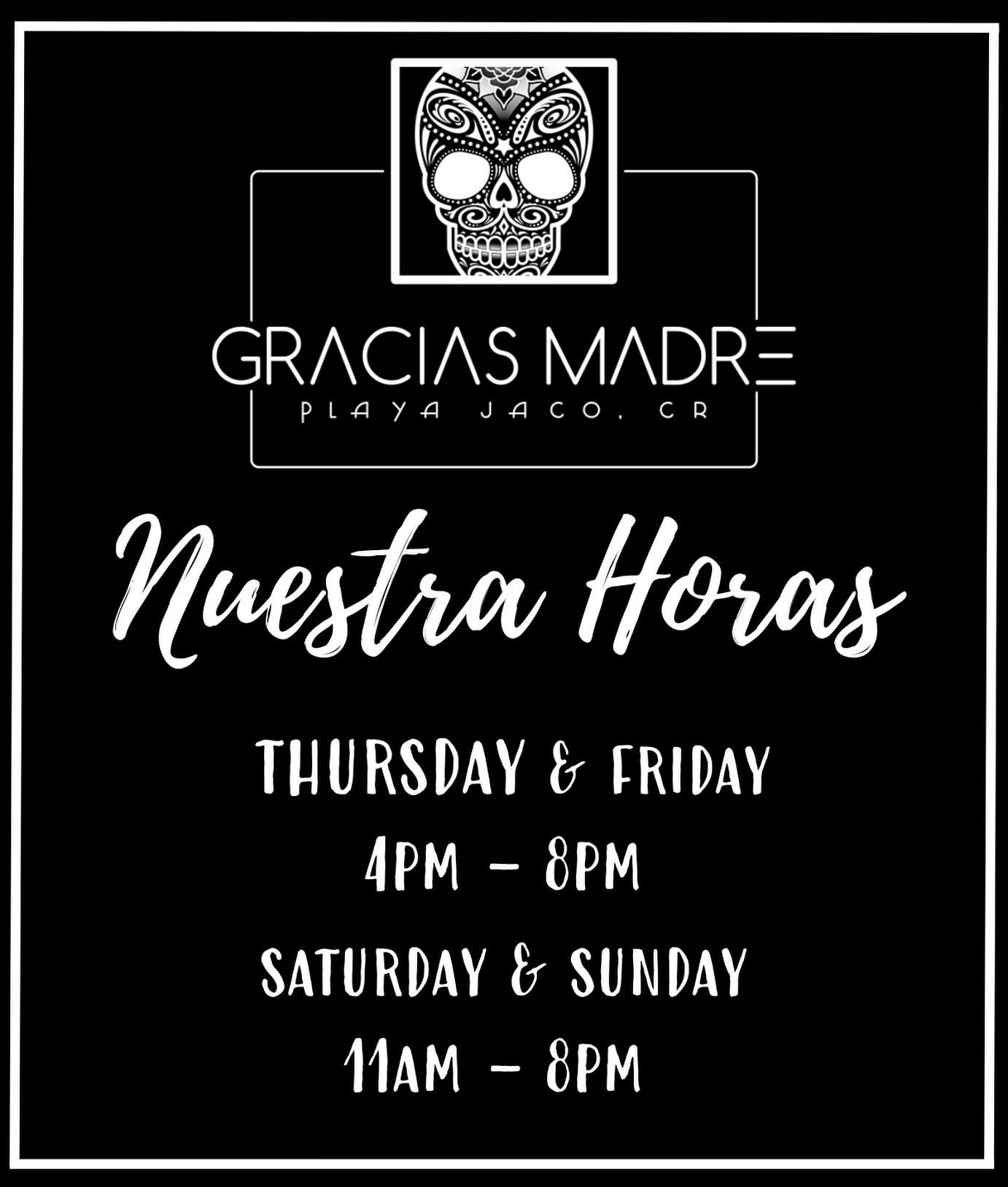 Thank you to everyone who came and enjoyed GRACIAS MADRE this past grand opening weekend! 💀🫶🏼🖤

We are off to enjoy some Pura Vida.

We will see you again on Thursday for sunset 🌅 cocktails 🍹 , and tacos ricos 🌮