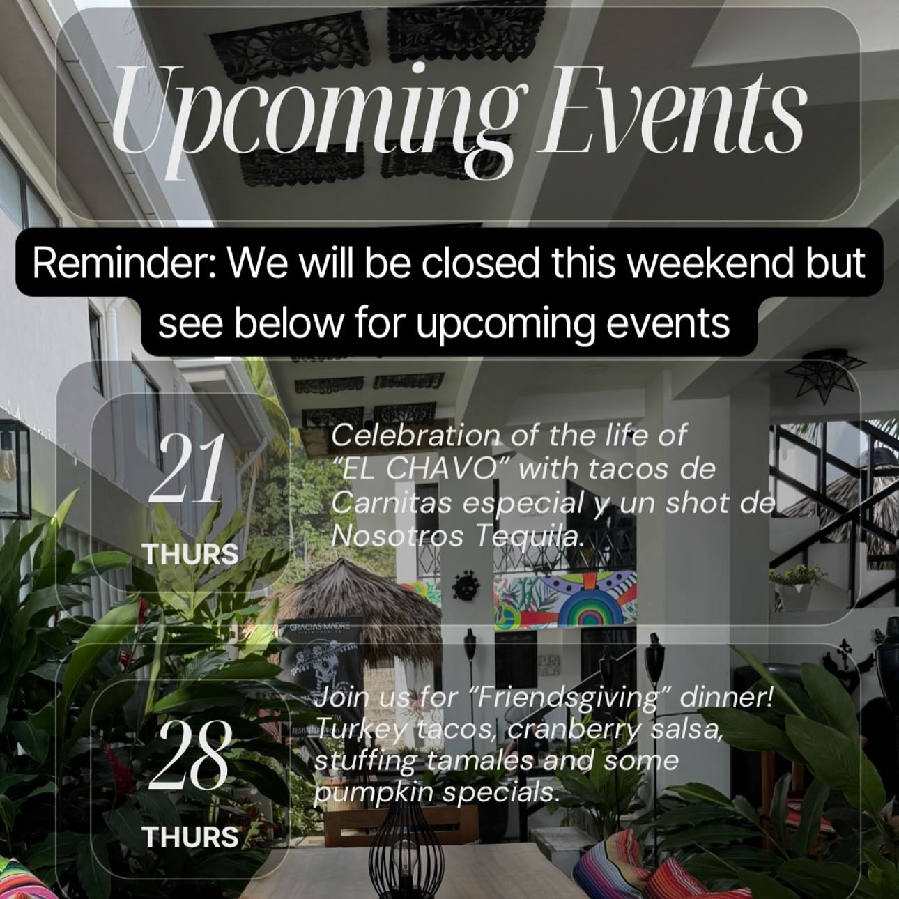 🗓️ NOVEMBER EVENTS! 

Join us to #sit.sip&amp;share 

#Tacos #taco #Taqueria #margaritas #Tequila #mezcal #guadalajara #jacotaco #rooftopjaco #jacorooftop #jacobeachbar #jacotikibar #jacoevents #jacofun
