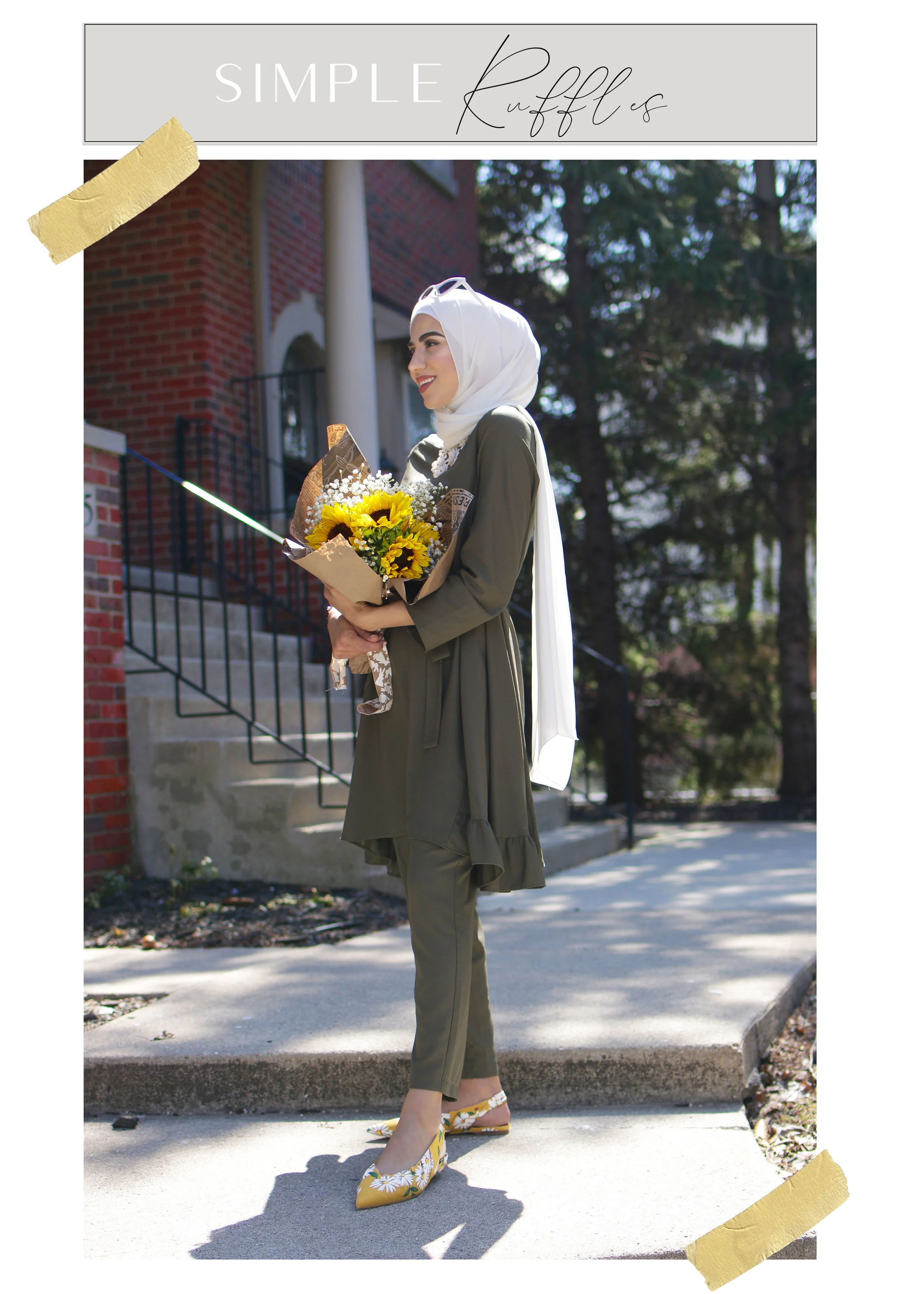 Yellow just adds the perfect accent to khaki green! When I seen these floral flats on Asos, they made the perfect match to this set.