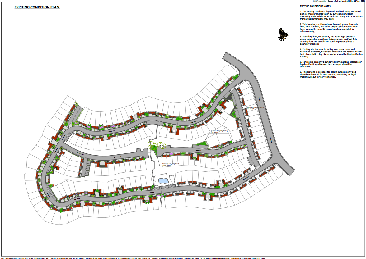 Existing condition plan documenting turf, planting, streetscape edges, HOA common areas, and site constraints before landscape transformation.